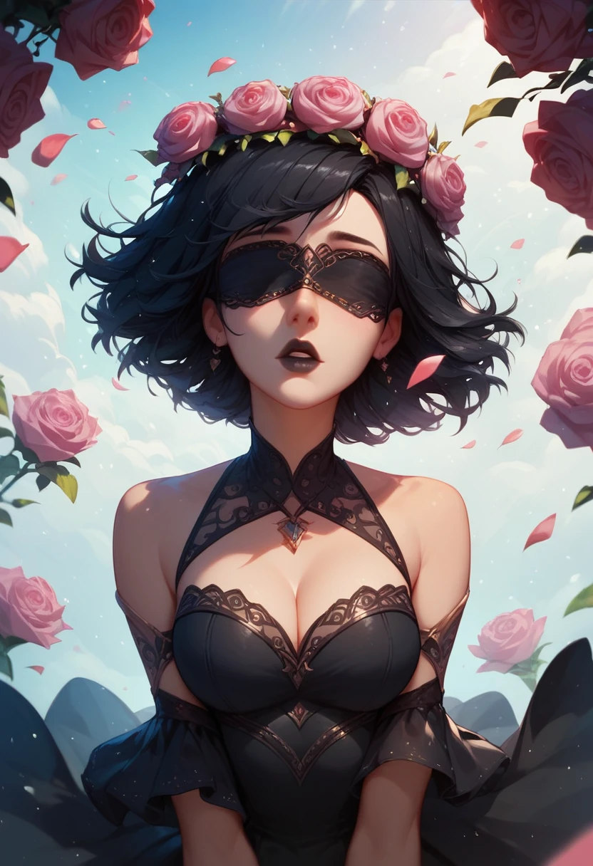 1girl, cute, Expressiveh, black lips, blindfold, black dress, open shoulders, wreath of pink roses on the head, short black hair, among flying particles, strong wind
