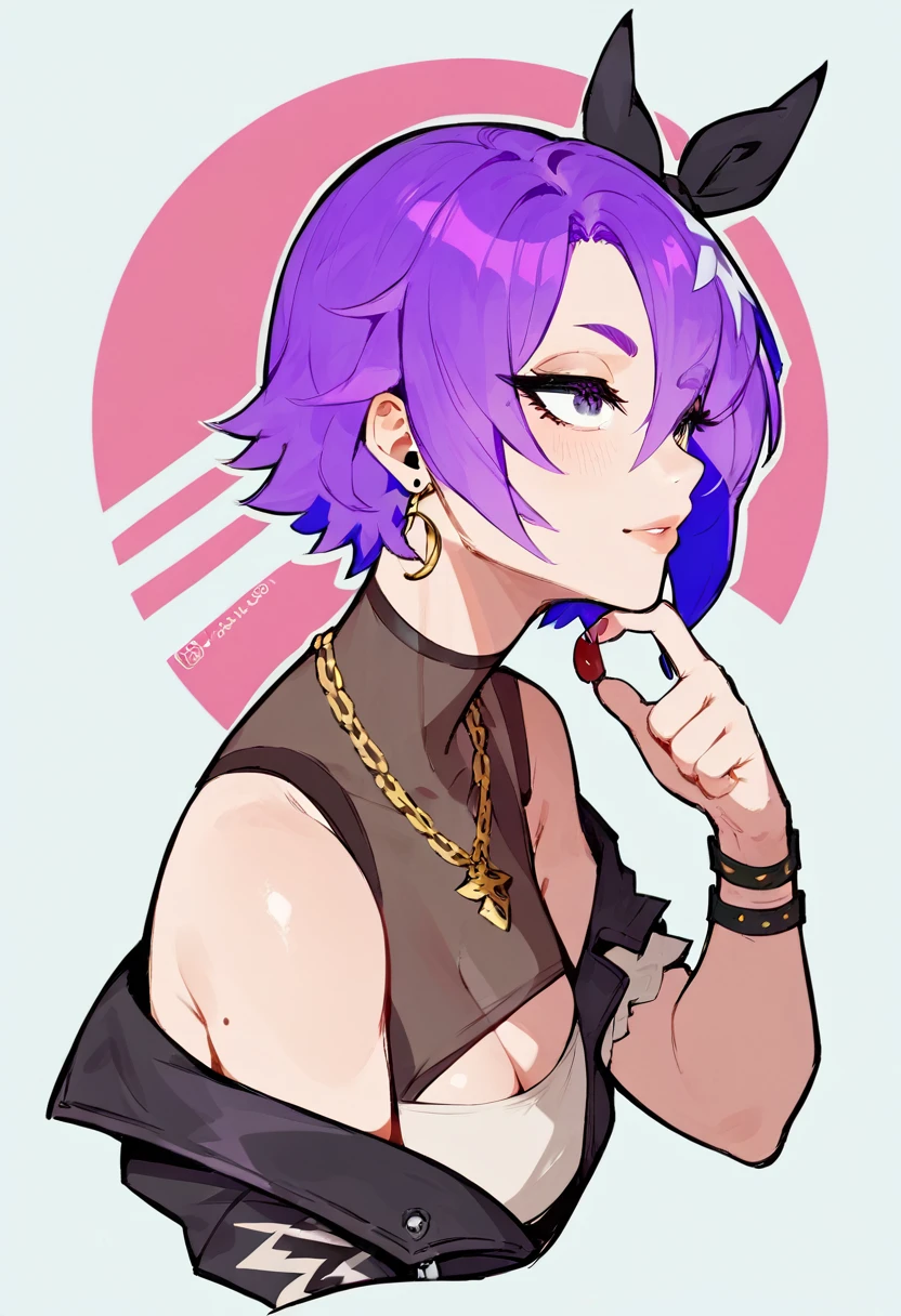 girl similar to Koleda from Zenless Zone Zero with short purple hair 
