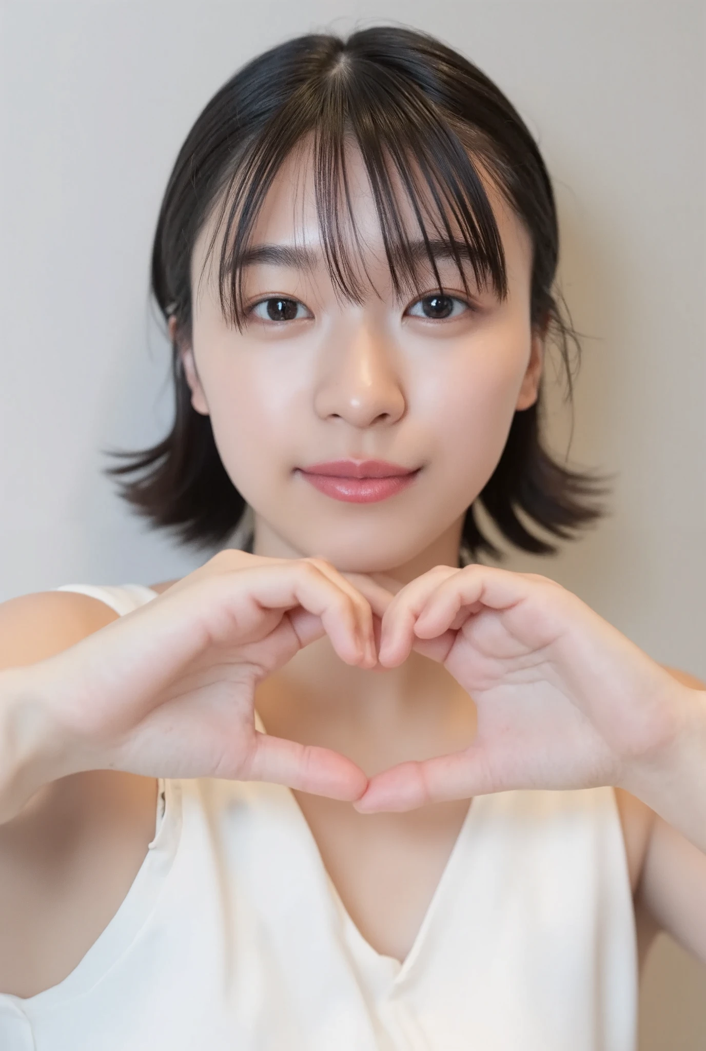  Smiling face making a heart shape with her hands:2.0、Instagrammable:1.2 (RAW Photos、8k、32K、masterpiece、Realistic、  photoreal:1.37)、Cute Japanese women images、Tank tops、Photographed in natural light、  upper body、1 girl、Photo Mapping、 Physically Based Rendering、Excellent image quality、  High Resolution  、1080P、(Beautiful Face)、(Detailed description of the face)、( Detailed description of the hand setter&#39;Muscle area)、(Detailed CG)、Rich details、( great features :1.35)、(Detailed eyes)、 I'm looking forward to your eyes、Delicate clavicle、Various poses、非常にリアルで詳細な若い女性の  upper bodyポートレート。The skin is beautiful、Soft light is reflected in the high part of the cheek.、 Tiny pores and hair follicles、 Even the tiniest blood vessels are visible。The skin is smooth、Natural flushing of the cheeks、Gives a healthy glow。 The eyes are large and clear blue、 The iris has fine patterning、 Light is reflecting and shining in the eye。 There is a slight shadow under the eye、 Her eyelashes are long and naturally curled。 Her lips are a soft pink color、 Smooth texture and natural glow、 Slightly reflects light。 The woman is wearing a simple white top.、 The background is a pale monochrome gradient.、焦点は完全に顔と  upper bodyに当たっている。Realistic shadows and textures、Photographic depiction.。