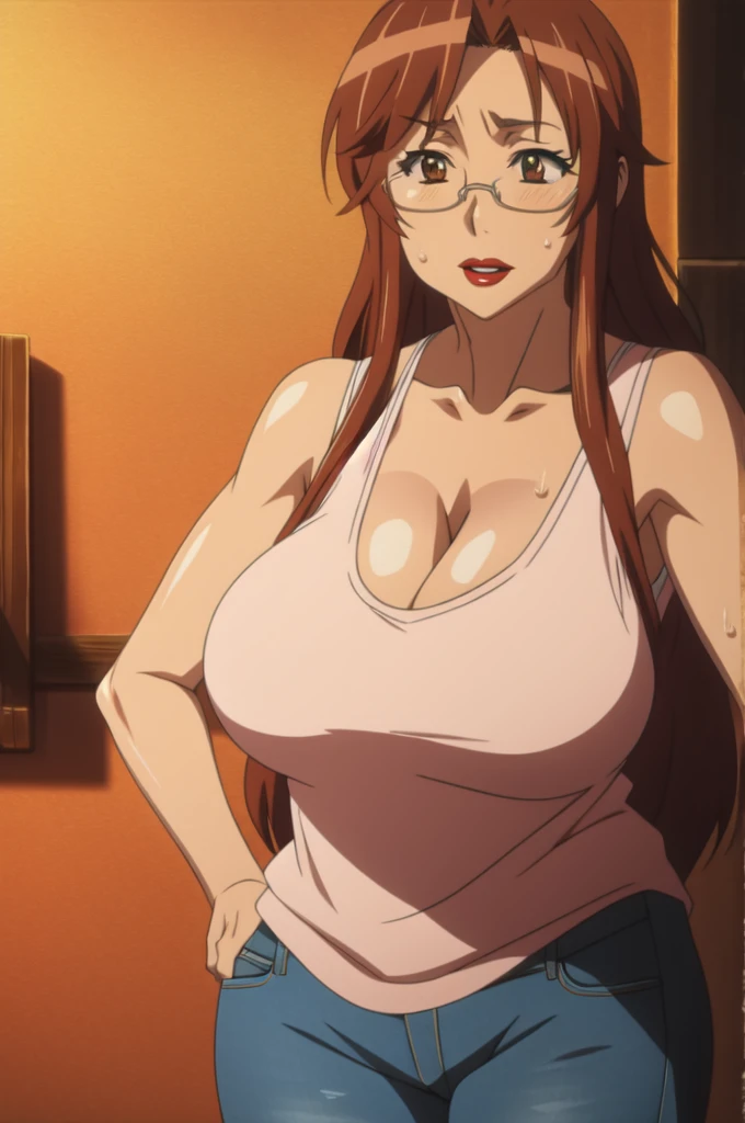 Kyouko hayashi,tall body, tall, long legs, mature female, mature, 1girl, solo, ((reddish brown hair)), light brown eyes,Big breasts, Saggy breast, big cleavage, Tank top,Thin tight jeans pants,((Red lips)),1girl,Solo,Milf,Wringkle in face,((Glasses)), long layers hair,Light blush,Sweat