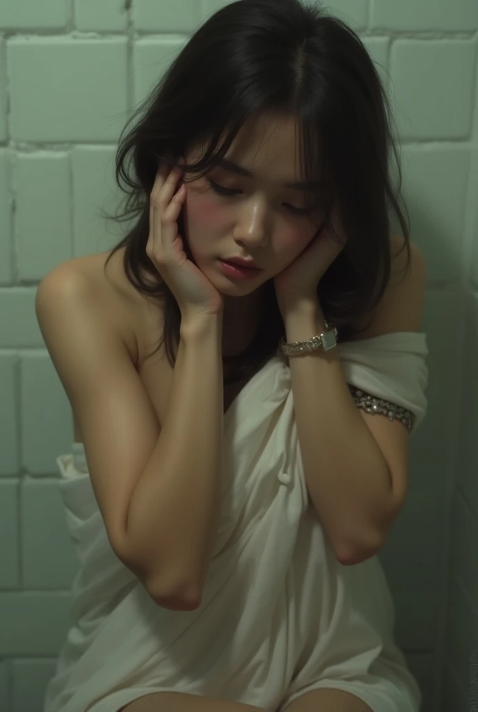 not wearing clothes,In the bedroom.,Holding the chest,There is white water all over the body.