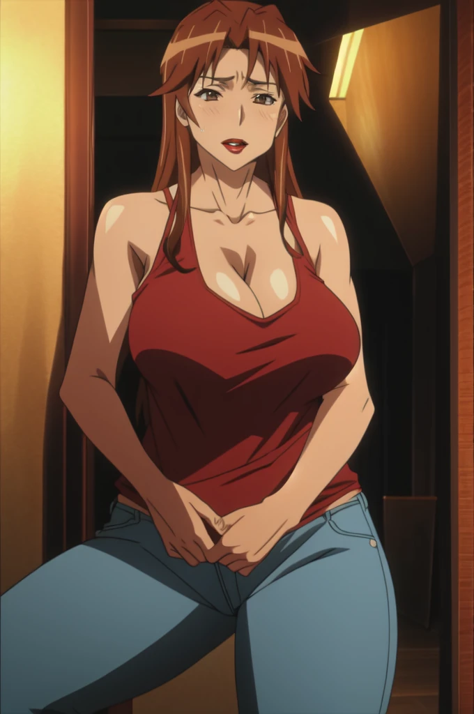 Kyouko hayashi,tall body, tall, long legs, mature female, mature, 1girl, solo, ((reddish brown hair)), light brown eyes,Big breasts, Saggy breast, big cleavage, Tank top,Thin tight jeans pants,((Red lips)),1girl,Solo,Milf,Wringkle in face,((Glasses)), long layers hair,Light blush,Sweat,Horny,Ragged breath