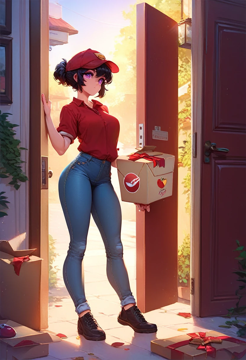 1girl,  delivery girl ,  jeans red shirt , Red cap,  black hair ,  short hair, violet eyes, e-girl, aesthetic, standing at the entrance ,  open door ,  pizza box in your hands,  delivery girl  ,  full body, :3
