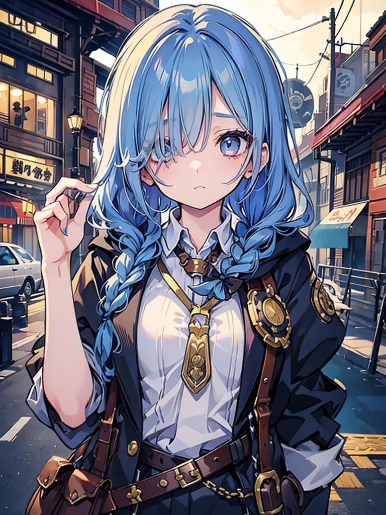 covering one eye, braids, a girl, tareme, droopy eyes, fair skin, blue hair, steampunk、hair over one eye, covering one eye