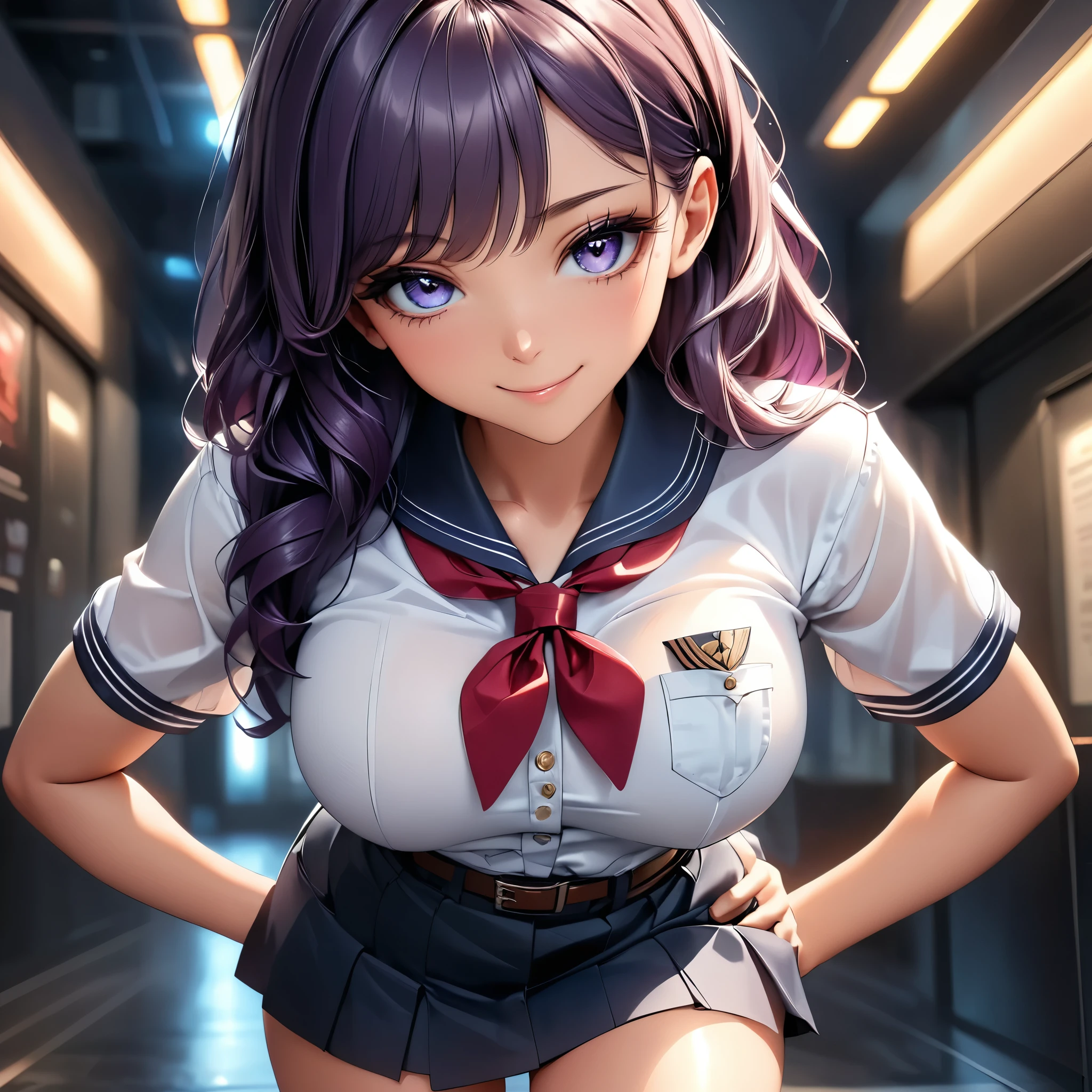 Masterpiece, 4k, HDR, full HD, (best quality), (ultra detailed), detailed eyes, (full body shot:1.2), 8k, (skinny body:1.2), curvy, (hands behind her back:1.2), seductive pose, (looking at viewer, 8k vector photography, , beautiful eyes, realistic lighting, detailed outfit, realistic facial features, hyper detail, (perfect angle, focus on face hips and breastegane)), pioneer neckerchief, micro blue tight skirt, bangs, shirt, collarbone, very tight white shirt, short sleeves, collared shirt, belt, eyelashes, red neckerchief, breast pocket, resembles a sex doll, maryarya, kneeling, sluty pose, deep purple hair , hyper beautiful face, purple hair, perfect anatomy, shiny skin, beautiful smile,
