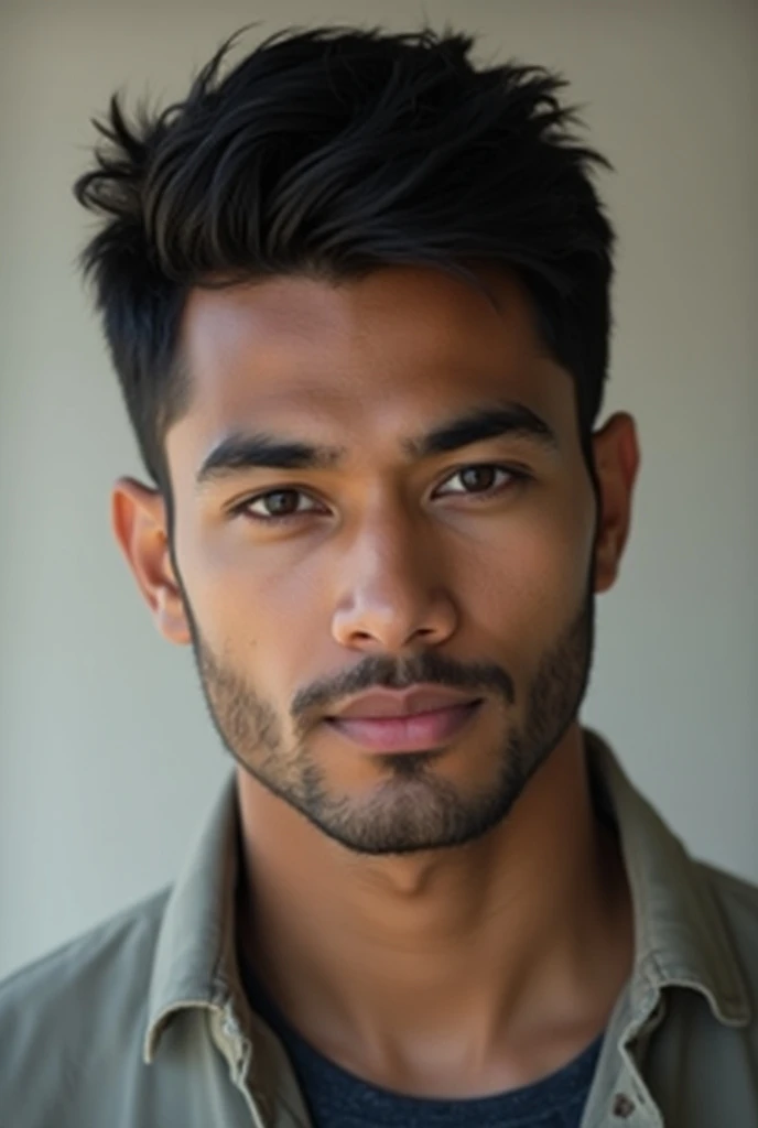 A base model of a handsome indian man , looking at the camera, sad expression, , t shirt, abbs , messy hair , detailed eyes, detailed face, detailed background, masterpiece