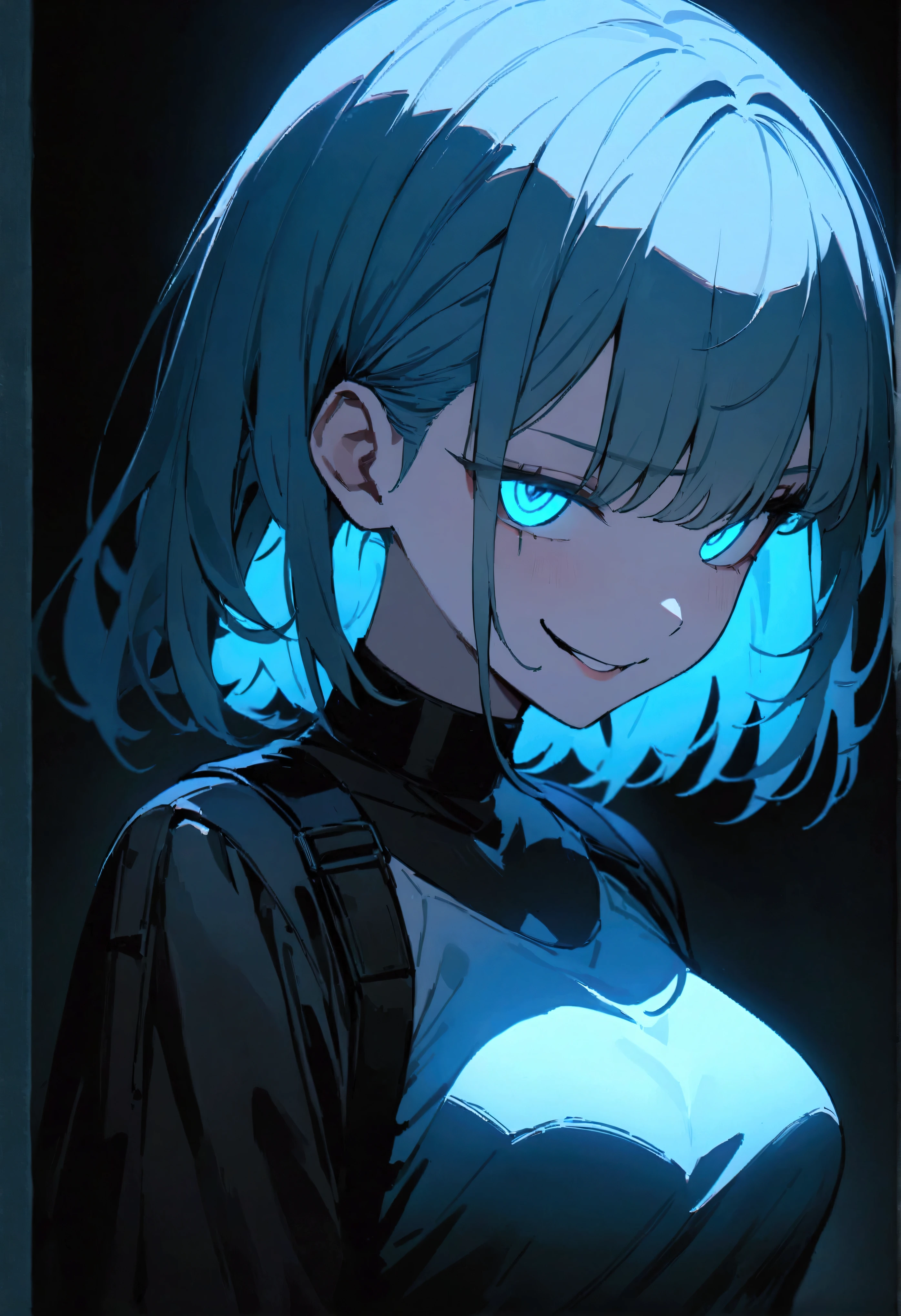 ( masterpiece:1.2, the best quality), 1 woman, Upper Body, Cyberpunk clothes , casual, medium breasts, phosphorescent blue hair, Minimalist makeup,pale,natural fabrics, face close-up, evil smile, glowing phosphorescent eyes circular pupils,8k high resolution, detailed lines, (( Upper Body)) ,