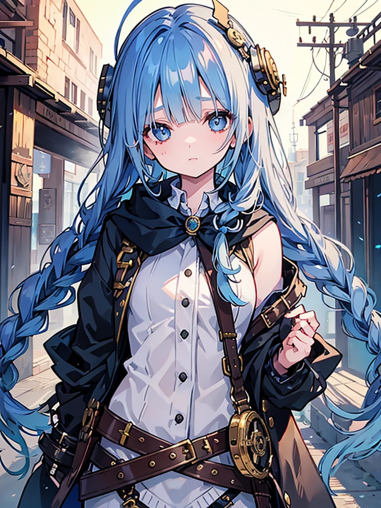 covering one eye, braids, a girl, tareme, droopy eyes, fair skin, blue hair, steampunk、hair over one eye, covering one eye