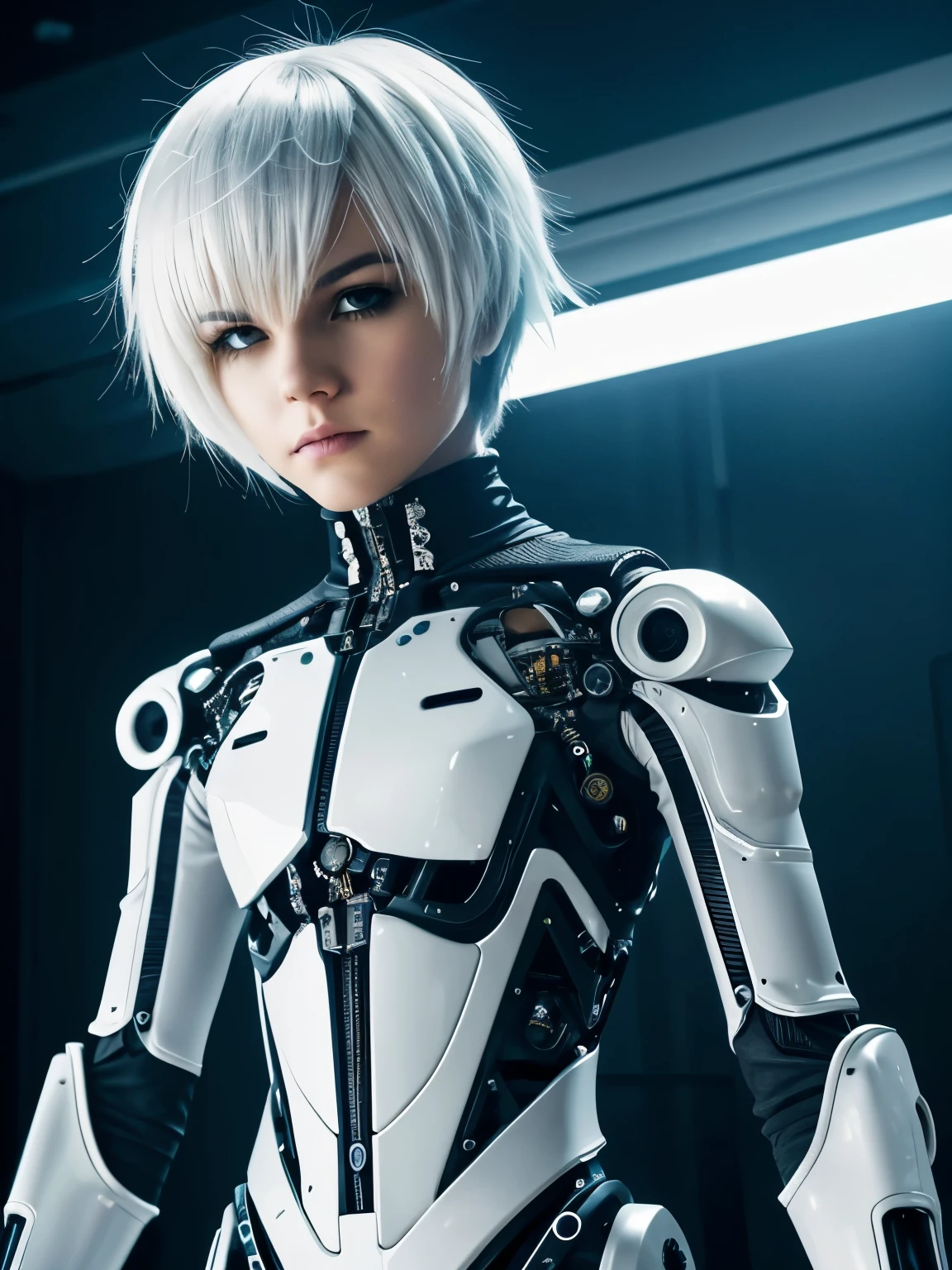 robot, (dynamic angle:1.2), futuristic city, (short white hair:1.1), photo of skinny (robotic girl:1.2), (mechanical arms:1.2), multicolored armor, white skin, sad, masterpiece, volumetric light, best quality, complimentary colors, dramatic lighting, intricate details, subsurface scattering