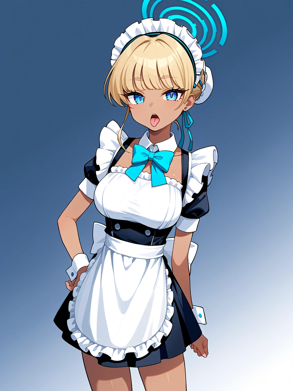 toki \(blue_archive\) ,maid, maid headdress, maid apron, blue bow,short skirt,blonde hair,short hair,blue eyes,highly detailed eyes,highly detailed clothes,silk,dynamic angle,standing,contrapposto,model posing,
1girl, solo,looking at viewer,open mouth,tongue out,(furrowed eyebrows),
large breasts,dark skinned female,long eyelashes,thick eyelashes,perky breasts,(anatomically correct),