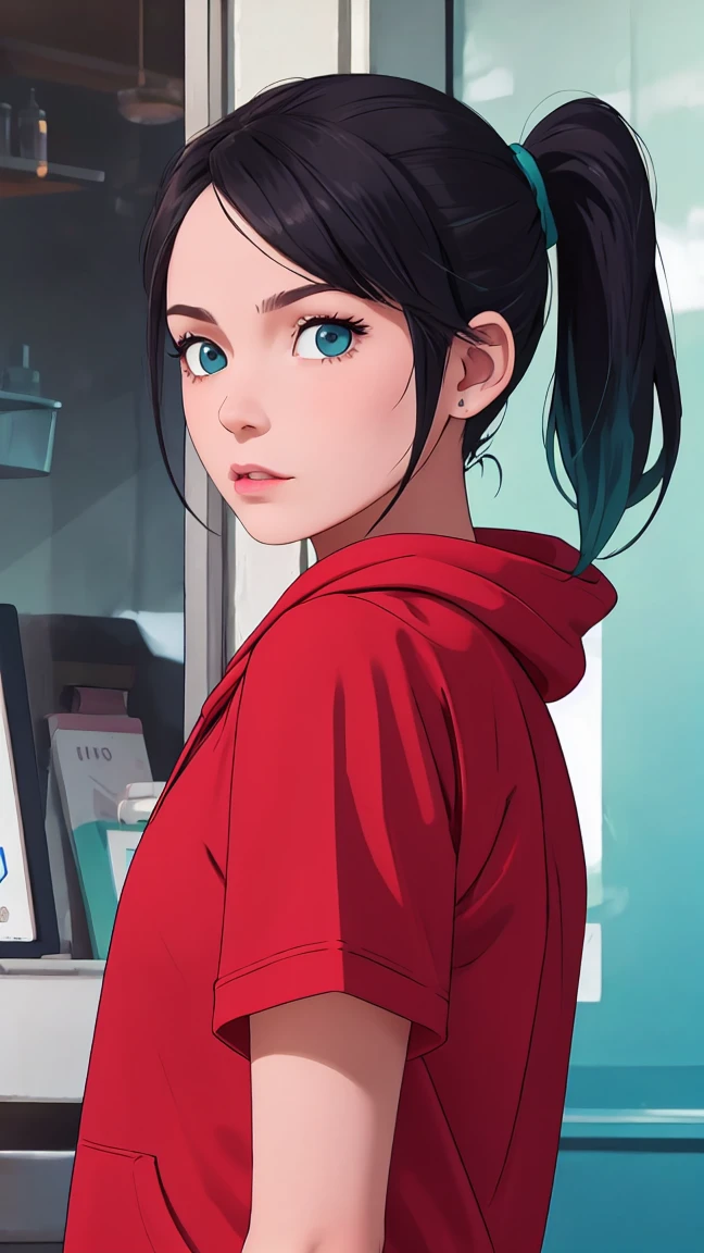 Black hair with ponytail , turquoise colour eyes, red hoodie,broad shoulder, slander eyes,adult 