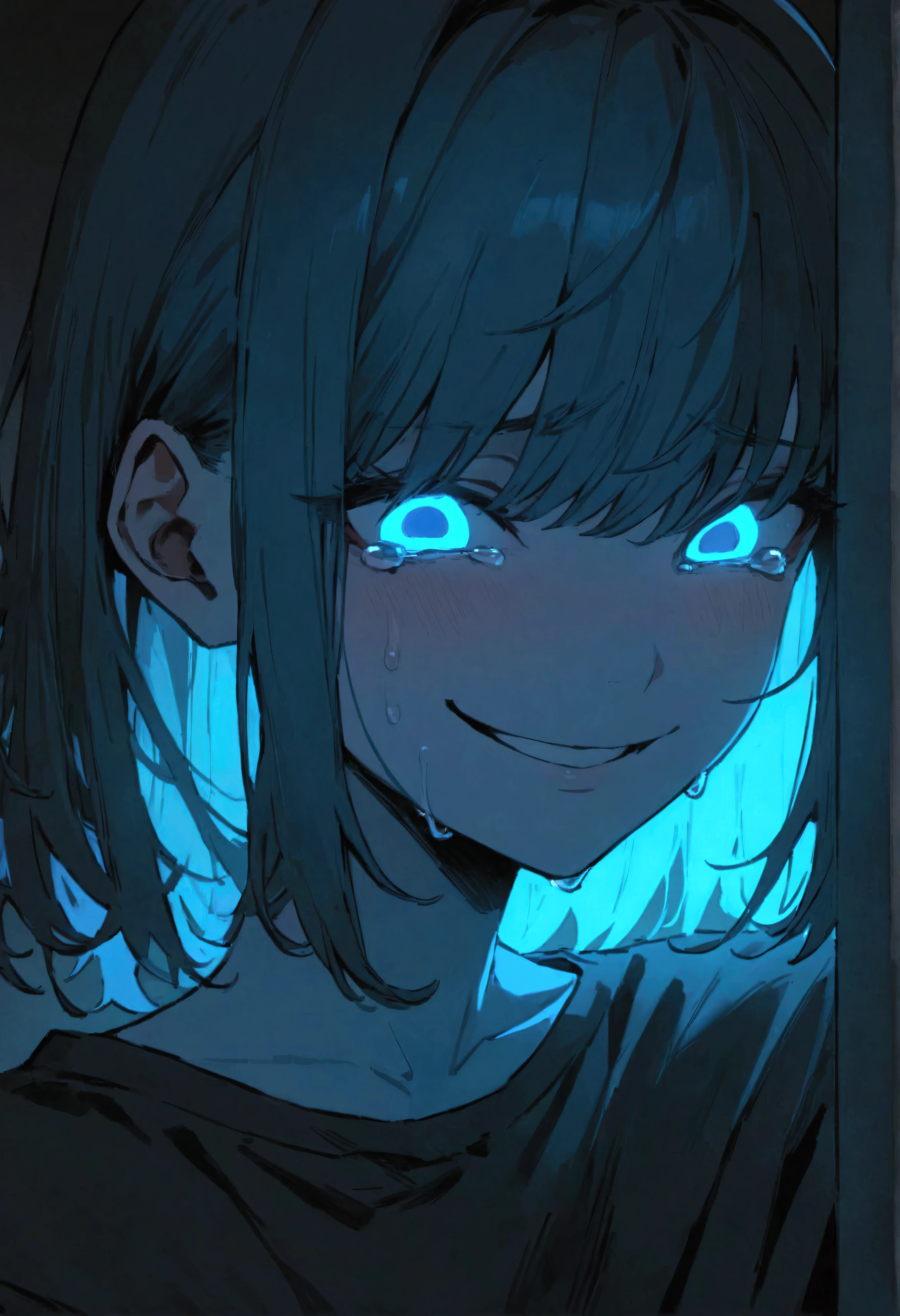 ( masterpiece:1.2, the best quality), 1 woman, Upper Body, Cyberpunk clothes , casual, pechos medianos, phosphorescent blue hair, Minimalist makeup,pale,natural fabrics, face close-up, evil smile, phosphorescent eyes bright circular pupils,8k high resolution, detailed lines, (( Upper Body)) , Crying phosphorescent tears