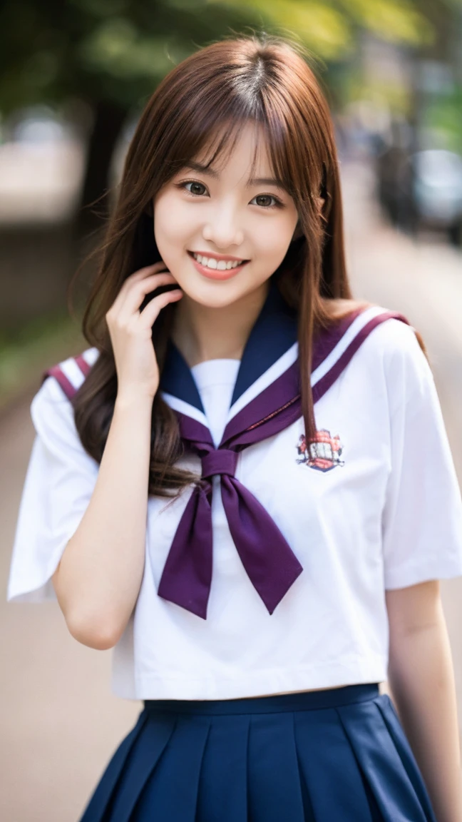Image resolution 8K、masterpiece:1.3)、Beauty、1 female、(魅力的なbody:1.2)、abdomen:1.1、Dark Brown Hair:1.1、(body:1.2)、Ultra-detailed face、Attractive lips、double eyelid、Super realistic and detailed super cute in a white short sleeved zippered sailor suit and pink skirt、Japanese 、Japanese women、10th generation(17 years old)、Smiling with a nice smile、Hair fluttering in the wind、