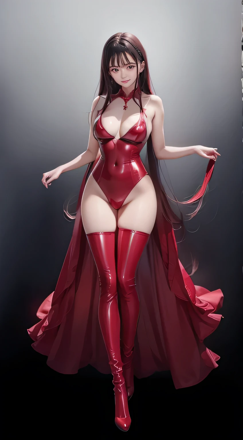 Beautiful Red Hair、Long Blue Hair、Red full-length tights   ，   Araf wearing a red latex suit and red knee-high boots,   red shiny lingerie  , latex Shiny, 工藤敦子のLatex Costumeを着用, full-body xianxia, Latex Dress, , Latex Costume, Red leather clothing, skin, Japanese Goddess, Wearing latex, Shiny plastic,   Elegant and Glamorous Cosplay ,   Mortal Kombat Kitana   