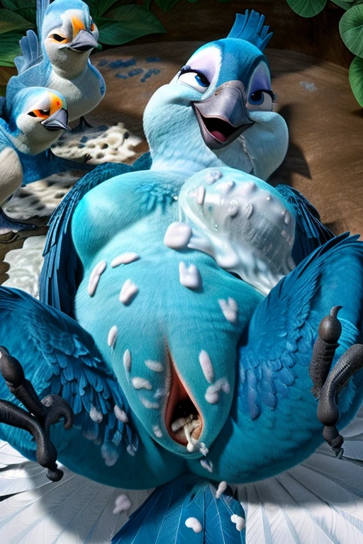 ((NSFW, sexual)), rio movie, jungle landscape, Mimi a female Spix macaw, Blue feathers, avian, ((anthro)), human body, furry, feathered arms, chubby body, (((exposing very big breasts, big ass)))), ((((((Blue feathers, excessive white bird poop covered, bird poop splatter, huge cloaca, lying on back)))))), on back, turquoise eyes, bedroom eyes, seductive, smiling, realistic, digitigrade legs, detailed eyes