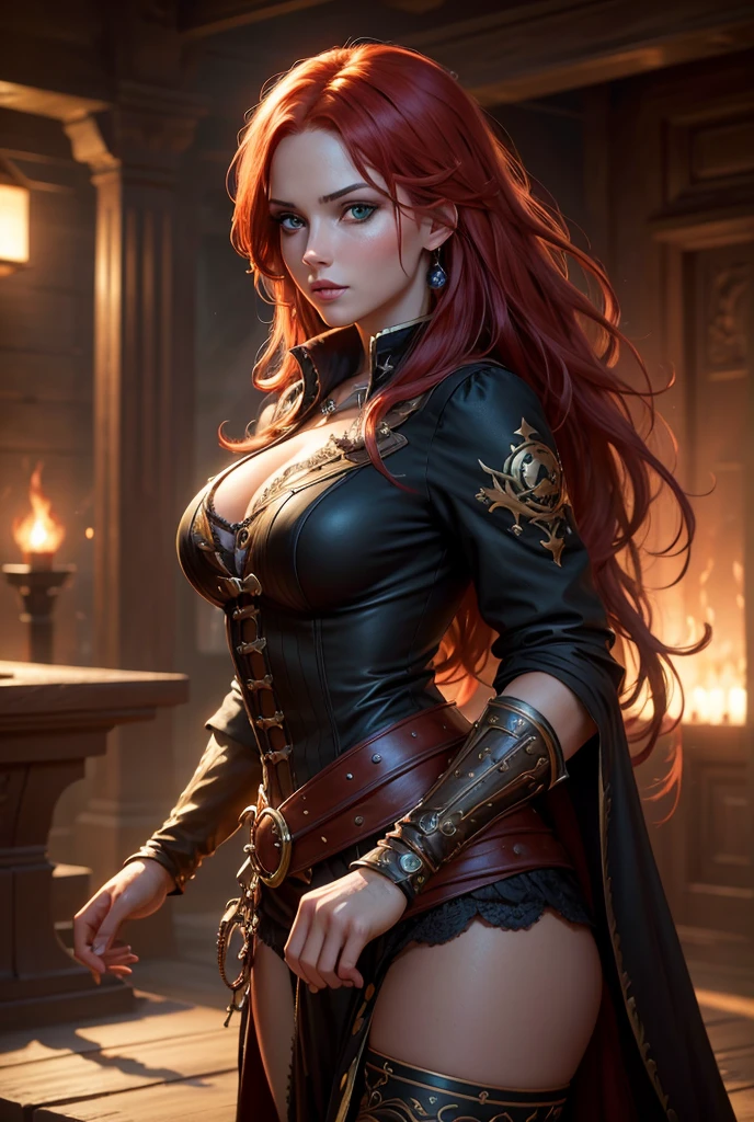 Best quality, A high resolution,A woman with sexy black clothes, big breasts, green eyes, long Red hair , big thighs, best quality, best resolution, detailed ,Normal body, well detailed, beautiful, standard, detailed, best quality ,Sexy clothes showing breasts ,holding a better quality sword,white clothes