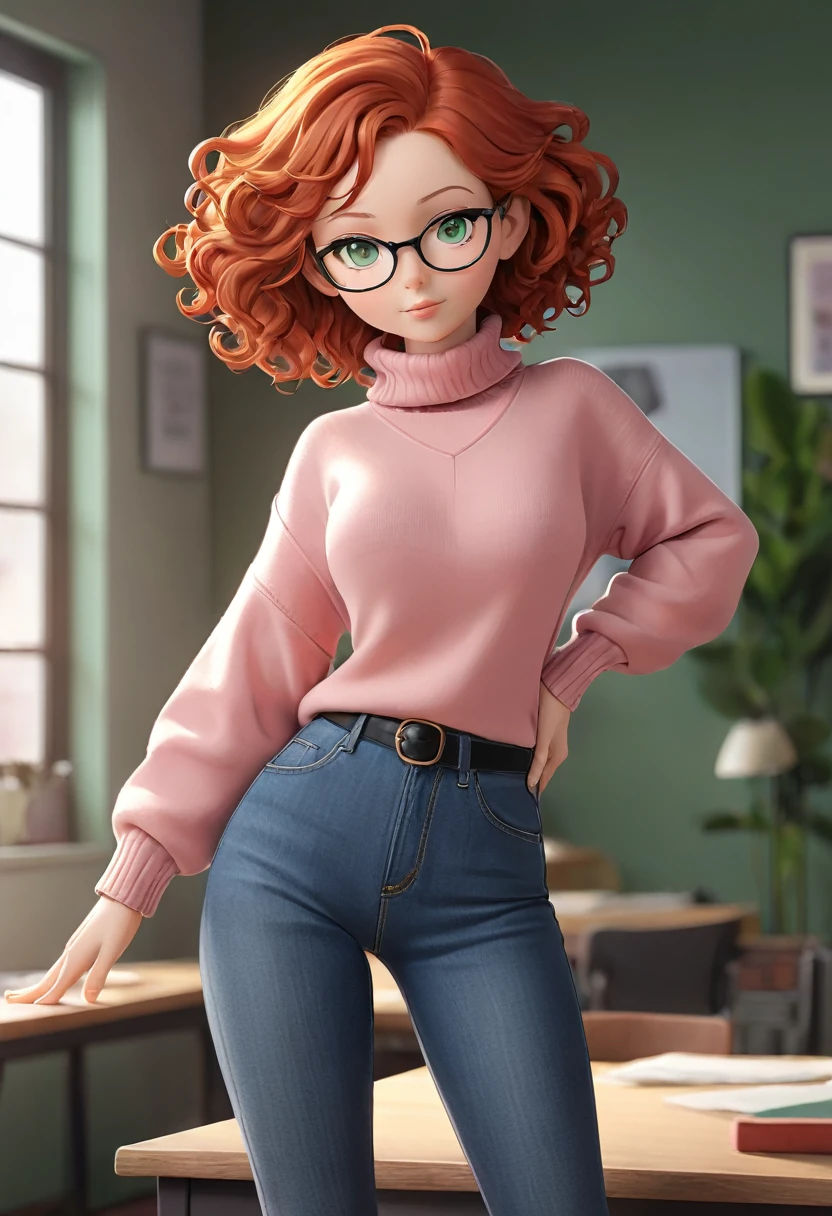 Young teenager, full body, (solo 0.6), red curly hair, shoulder length hair, green eyes, nipple outline, huge breasts, indoors, black glasses, pink turtleneck sweater, denim jeans, dynamic pose