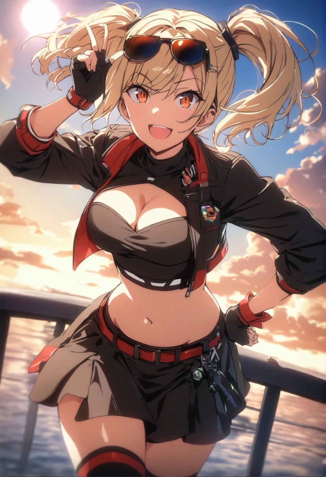 score_9_up, score_8_up, score_7_up, source_anime, masterpiece, best quality, 1girl, solo, Burnice_ZZZ, sun light, sun rise, clouds, blue sky, standing, v sign, cheerful smile, open mouth, looking at you, upper body, face focus, hand on hip, blonde hair, two side up, orange eyes, eyewear on head, sunglasses, goggles, short twintails, hair ornament, crop top, tube top, black jacket, black thighhighs, cropped jacket, black shirt, cleavage cutout, long sleeves, belt, black skirt, red wrist cuffs, red thigh strap, fingerless gloves, miniskirt, midriff, turtleneck, mature body, dynamic cowboy shot, outdoors, sky clouds background