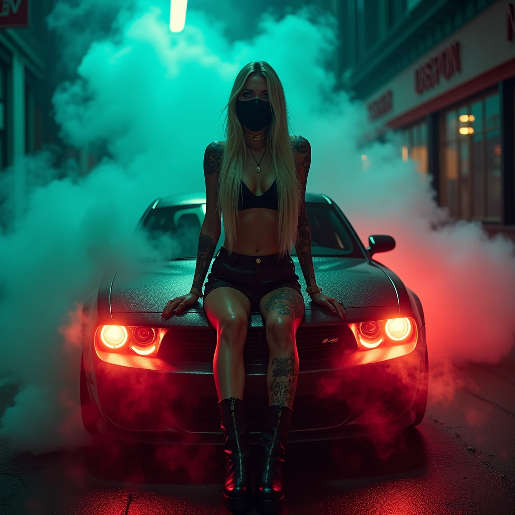 8k cinematic image of Harley Quinn with colorful gothic hair in gothic lace lingerie opening her leg on top of a car. 8k cinematic image of Harley Quinn in black lace gothic lingerie lying on a black Nissan Altima with green headlights and white wheels.