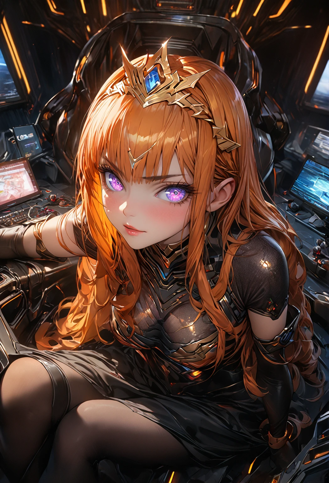 8k uhd, 1girl, perfect skin, detailed clothes, perfect eyes, (best quality,4K,8K,highres,masterpiece:1.2),ultra-detailed,,highly detailed face, extremely detailed eyes and face, long eyelashes, beautiful detailed eyes, beautiful detailed lips, concept art, cinematic lighting, vibrant colors, hyper-realistic, see-through impossible bodysuit, wrist cuffs elbow gloves, black pantyhose, violet eyes, long hair, sidelocks, orange hair,gundamwingcockpit, indoors, monitor, holgraphic screens, tiara, sitting, frowned brows, looking_at_viewer, joystick,seatbelt
