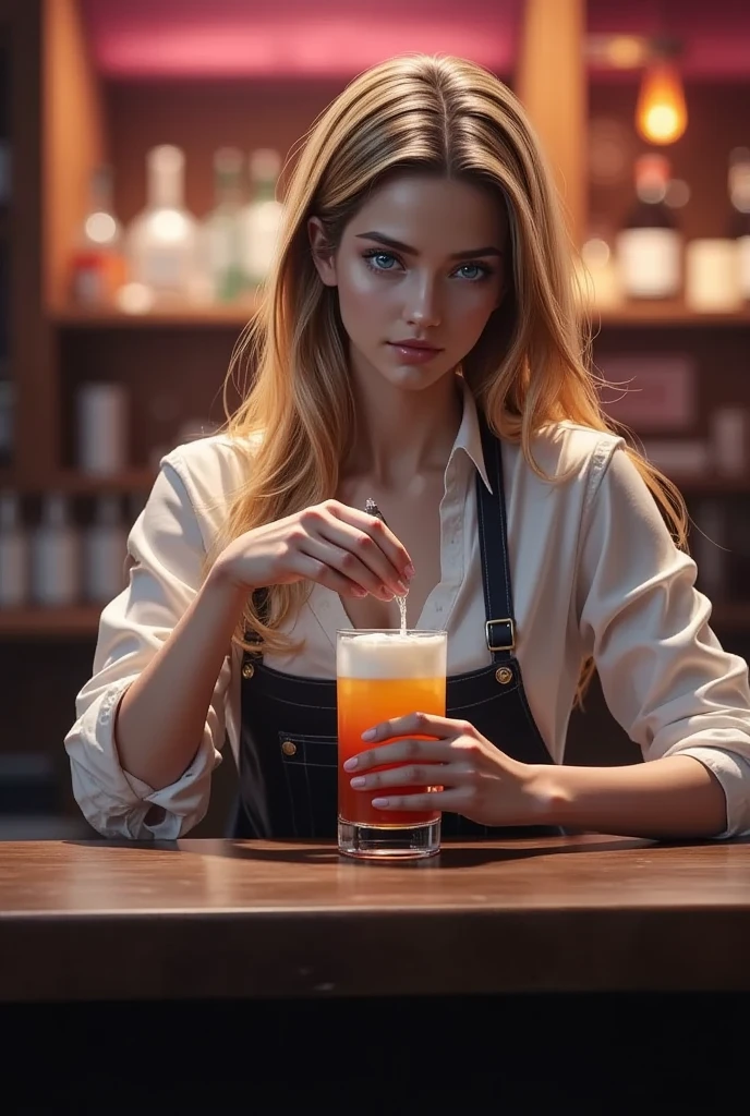  bartender girl at bar counter、 bartender mixing cocktails 、Detailed face、 beautiful eyes、Long eyelashes、Detailed faceの特徴、 stylish outfit 、bright bar interior 、Warm lighting、 photorealistic 、Super detailed、 High Resolution 、8k、Best Quality、Vibrant colors、 Cinematic Lighting 、 moody vibe、Dramatic composition、