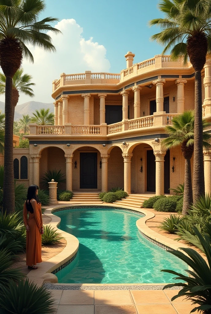 A mesmerizing, hyper-realistic 16K professional photography of a ball villa,__perspective__, bold lines, hyper detailed, warm natural lighting, cinematic, film grain, laying , bali villa with tropical plants and palm trees in the background, cream stone stairs and cut out archs, (intricate details, masterpiece, best quality:1.4),hyper detailed, bright extensive palette, warm natural lighting, cinematic, film grain, depth of field, (intricate details, masterpiece, best quality:1.4), mesmerizing, dynamic, dramatic, sensual beige attire, dynamic standing pose, clean lined, highly detailed, bestRay tracing, light, 4k