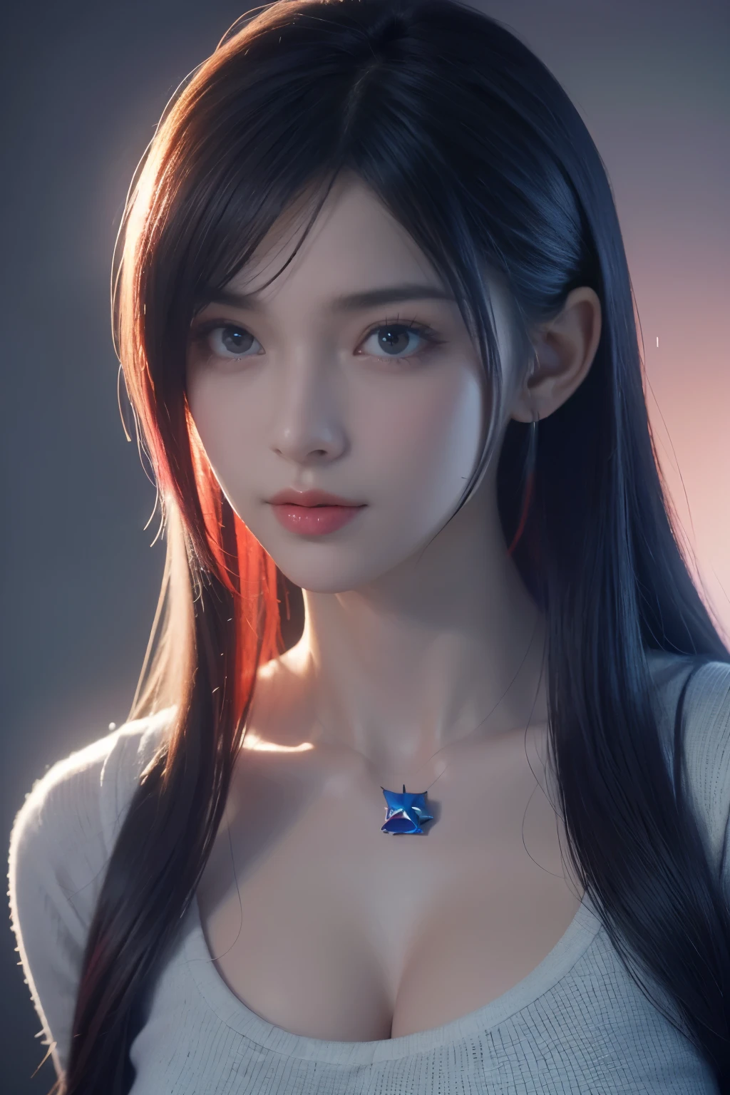 tmasterpiece,Best quality at best,A high resolution,8K,(portrait),(Close up of avatar),(RAW photogr),real photograph,digital photography,(girl in police uniform),19 year old girl,long whitr hair,By bangs,(Blue and red gradient hair),(Red eyes),adorable captivating,shy,Be red in the face,cleavage,A plump chest,badges,simple clothing patterns,Keep your mouth shut,Blushing and shy,(police officers),Photo pose,Realistic,gray world background,oc render reflection texture
