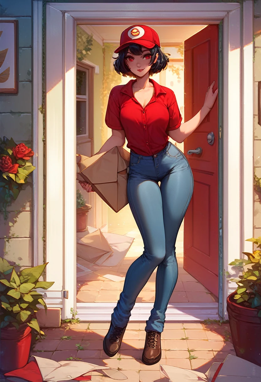 1girl,  delivery girl ,  jeans red shirt , Red cap,  black hair ,  short hair, red eyes, e-girl, aesthetic, Standing at the entrance of the apartment,  open door ,  delivery girl  ,  full body, :3,
