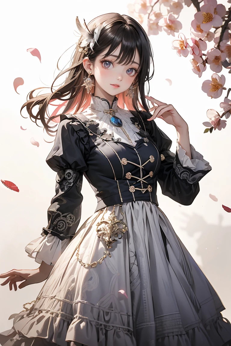 (((masterpiece, of the highest quality, super detailed))), (a female knight of an occult order), (an occult saint), (combat pose), (ready for combat), (resolved expression), (resolute expression), (((floating sword, nier automata))), (Edwardian/Victorian era inspired), ((minimal but intricate beautiful armour)), (big forhead:1.2),extremely detailed cute anime face, (((flat chest))), ((flat chest:1.1)), ((((long twin braids,tight braids,long braid,braided hair,long hair)))), ((ponytail, thick ponytail, heavy ponytail)),  ((Fluttering lace flared dress with frilly petticoats)), ((((Highly detailed face))), (((Very sharp focused eyes))), very long eyelashes, ((small breasts)), (((flat chest:1.1))), occult aesthetic, (red and white clothing detailed and intricate steampunk and detailed gothic), (with a hood), complex lace boots, (full body)