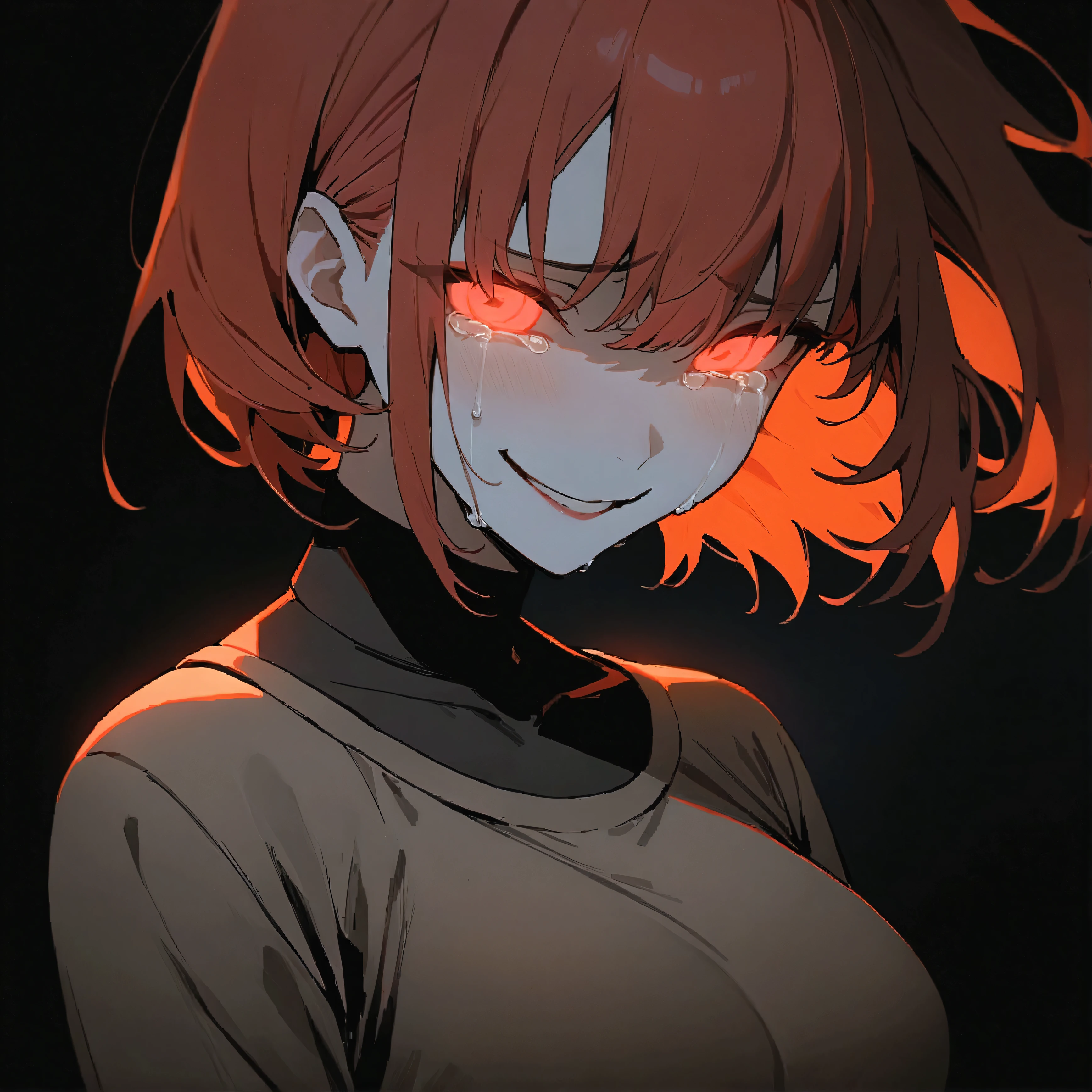 ( masterpiece:1.2,  the best quality), 1 woman,  Upper Body, Cyberpunk clothes , casual,  medium breasts, phosphorescent red hair , Minimalist makeup,pale,natural fabrics, face close-up, evil smile,  glowing phosphorescent eyes circular pupils,8k high resolution, detailed lines, ((  Upper Body)) ,  crying phosphorescent tears 