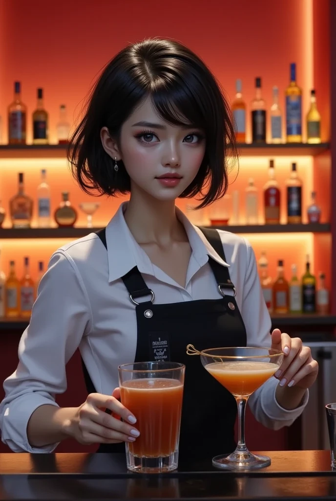  bartender girl at bar counter、 bartender mixing cocktails 、Detailed face、 beautiful eyes、Long eyelashes、Detailed faceの特徴、 stylish outfit 、bright bar interior 、Warm lighting、 photorealistic 、Super detailed、 High Resolution 、8k、Best Quality、Vibrant colors、 Cinematic Lighting 、 moody vibe、Dramatic composition、