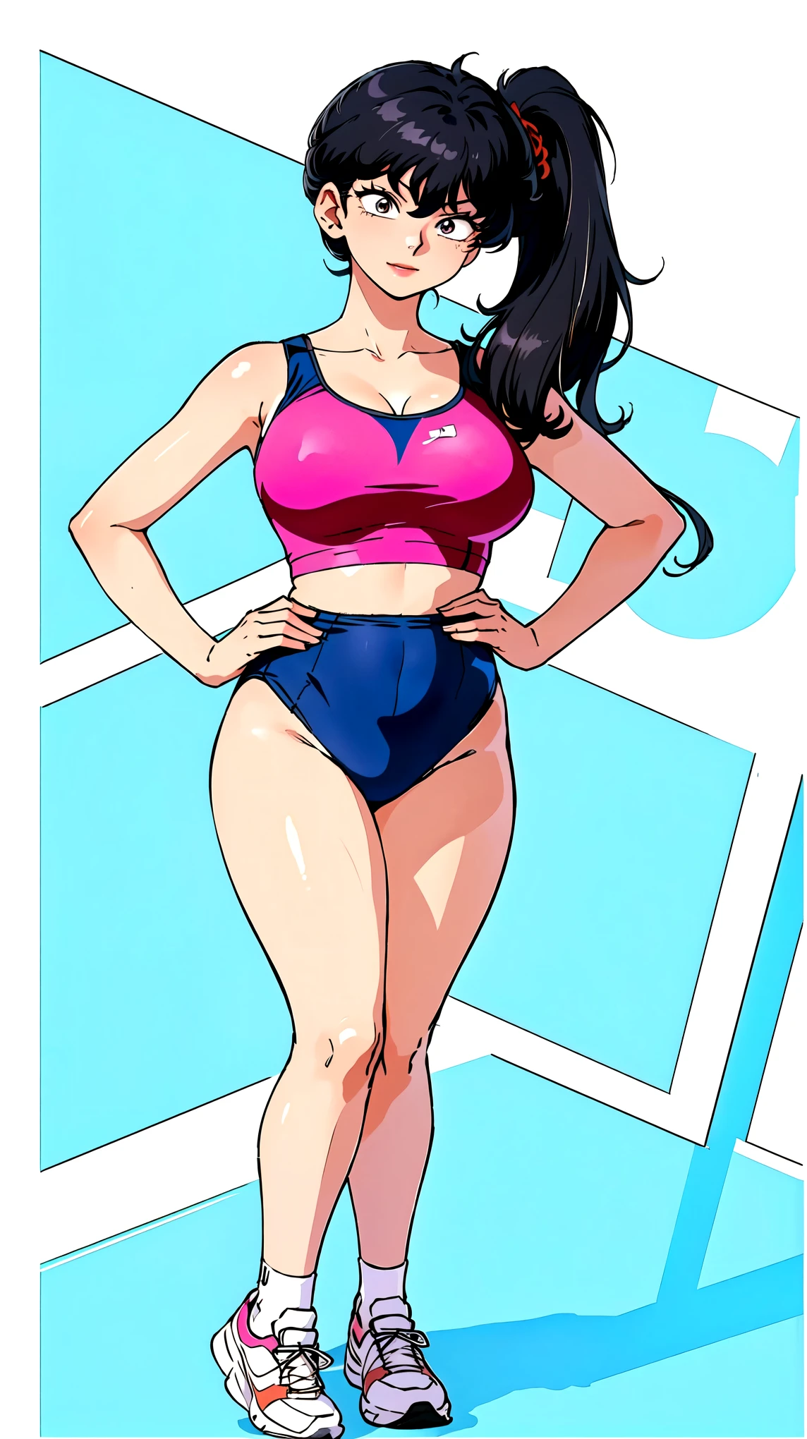 place your hands on your hips, masterpiece, Best Quality, case, High resolution、Gray wall、8k、1990s、1 person, alone, kodachi kuno (, Black hair side ponytail 、Round jaw、Broad shoulders、Long upper eyelashes、Thin lips、Round jaw、Chubby face、Square face、Firm breasts、Big jaw、Sunburned skin、Narrow waist、Track and field athlete、White socks、 I can see my stomach、Running Shoes、Huge breasts, 、Girl,Bright smile、I can see your belly、Detailed skin, Autora Rumiko Takahashi、