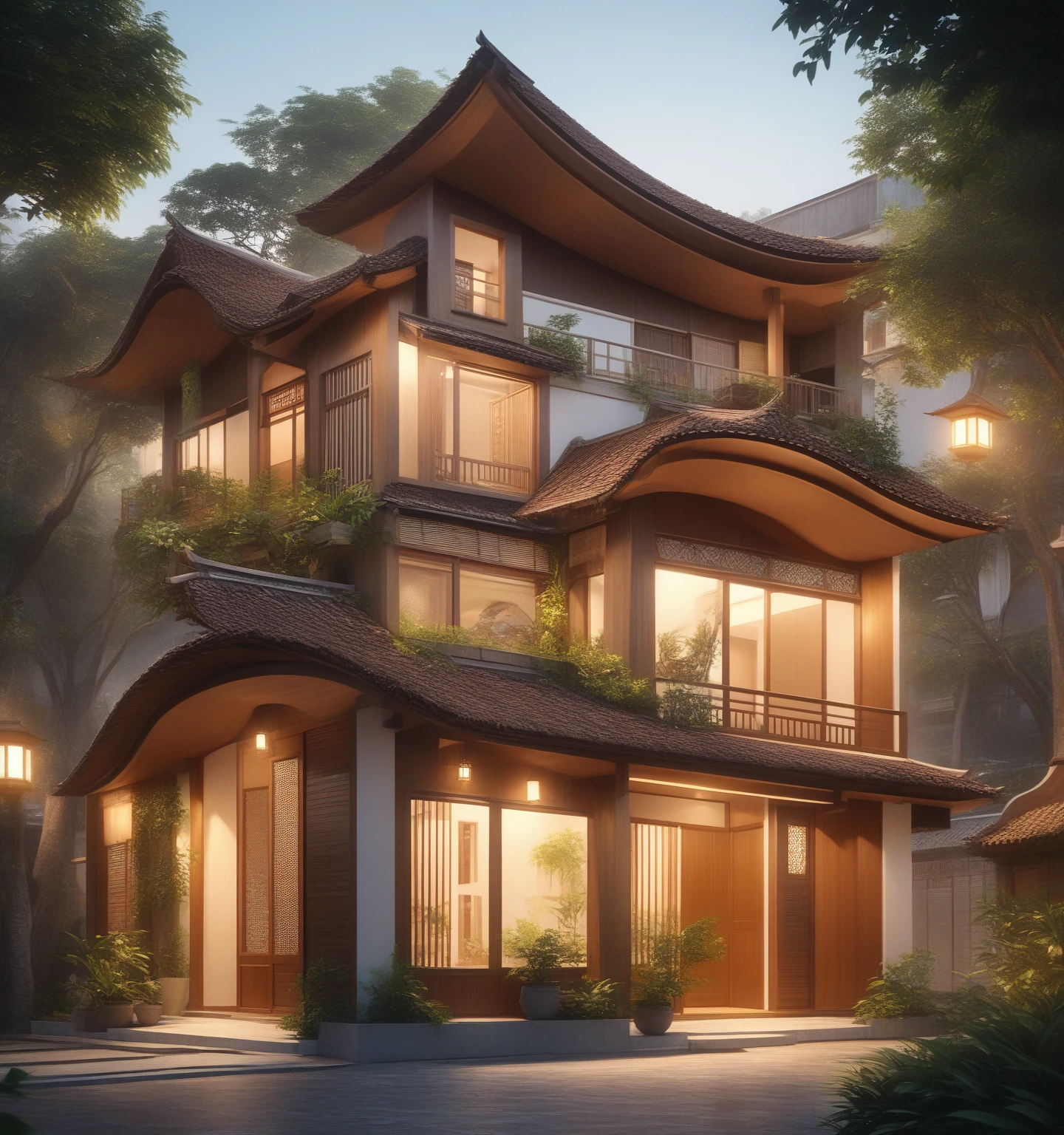 (Townhouse in city, close houses and tree), daylight (best quality) ((High solution)), ((photo realistic)),Warm light, (sharp focont view of townhouse in style of modern, small house, narrow area, VietNam, facade, curved arch, beautiful facade, curved windown,narrow and long, two-storey, mutual colours, soft lighting, warm  atmasphere, high resolution, hyper detailed, 4k, vray render, oactane render, hyper realistic, photography expert, exterior design, professional photography, exterior photography, wide-angle shot, ultra detail, high resolution, full name, full body, japan house.