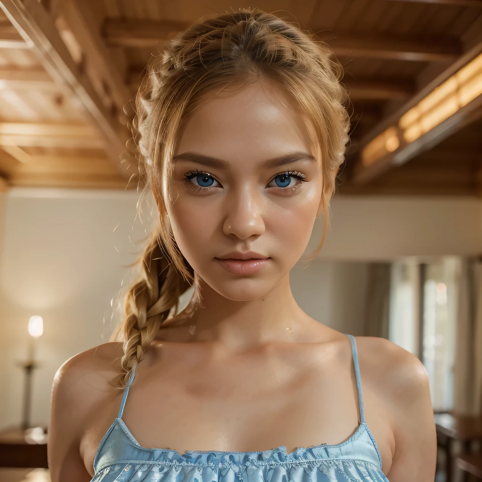 ((12 year old)), ((very young)), ((petite)), Lolita, braided hair, silver hair, extremely detailed face and eyes, thin face, (cheekbones), pointed chin, highly detailed lips, studio lighting, 8k, (masterpiece), very pale skin, blue eyes, deep v, full body, film grain, Lisbet Kandake