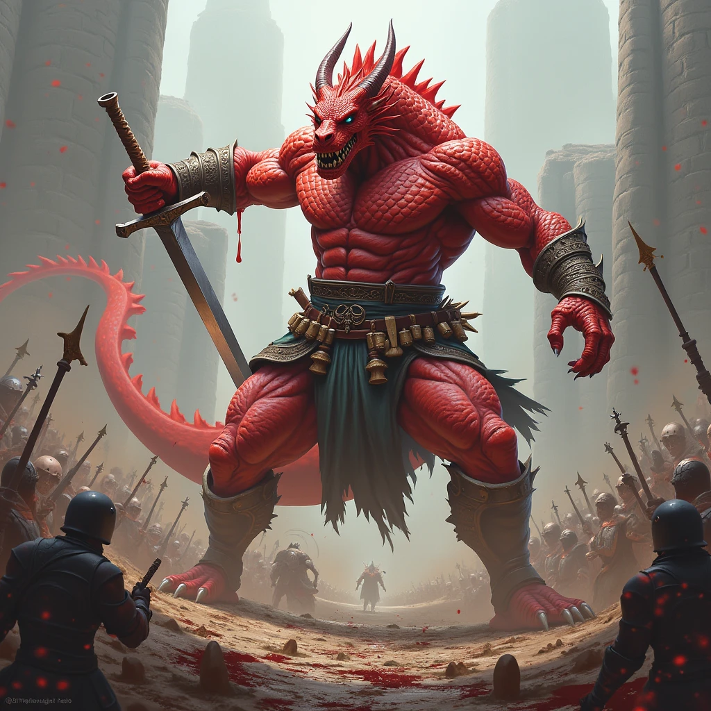 A red, male, dragonborn, barbarian, dungeons and dragons, very muscular, red scales, with a light peach color on bottom jaw and down to the groin, wearing a leather loincloth, holding a large sword in an attack pose