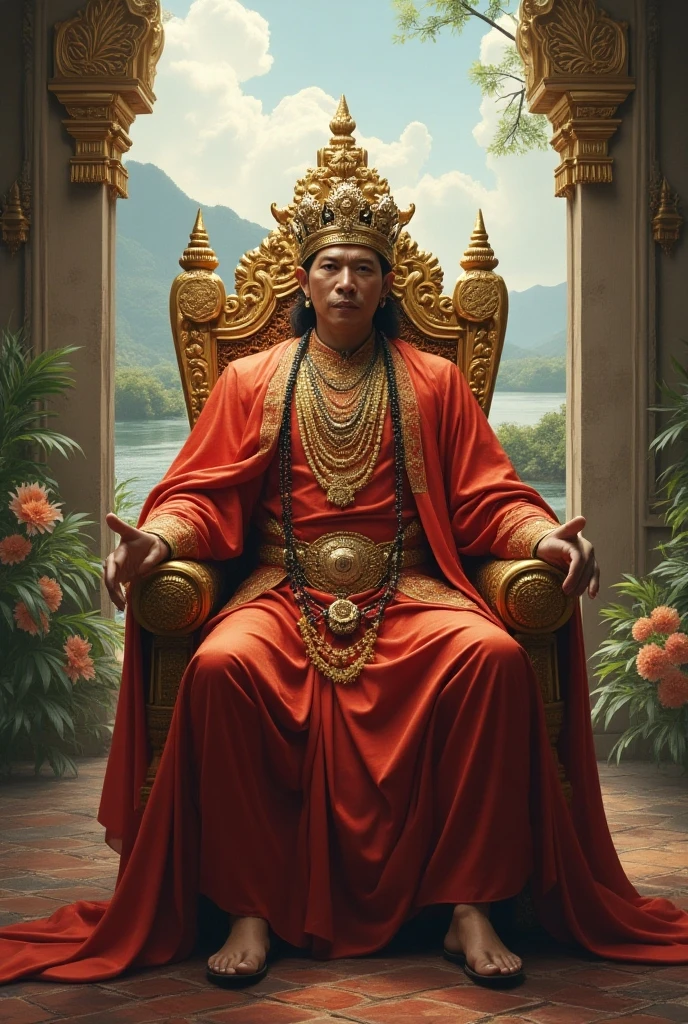 Highly detailed and ornate statue of a deity, seated on an intricately designed golden throne. The deity has a serene expression with a long white beard and mustache, and is adorned with a golden crown featuring a central red gem. The figure is dressed in orange robes and is wearing multiple garlands and necklaces. The deity holds a trident in the right hand and a flame in the left hand. The throne is elaborately decorated with intricate carvings and patterns, enhancing the regal and divine appearance of the statue. The background is plain white, emphasizing the statue's details and colors.