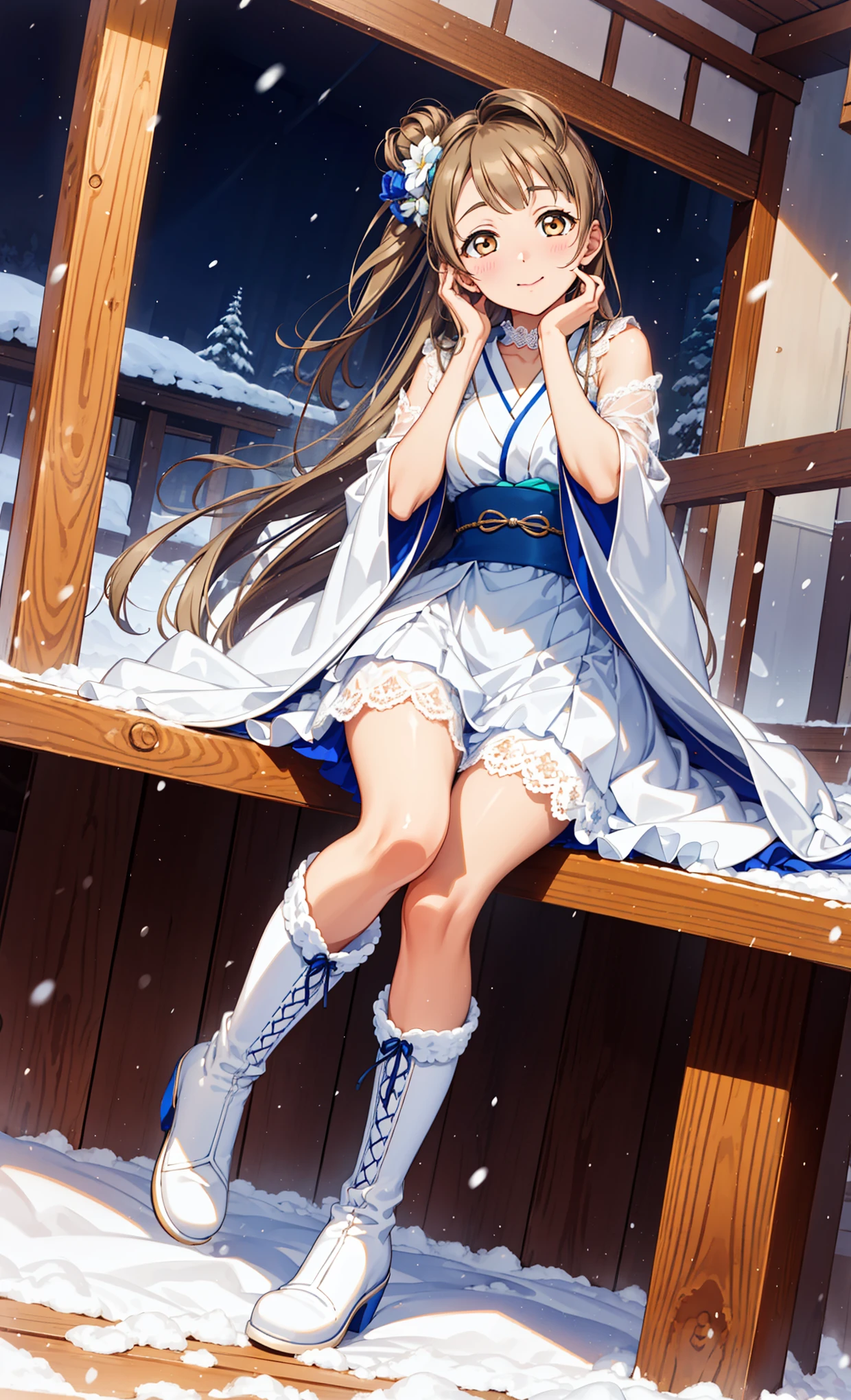 saint，Attractions， Have Fun ，in love，(Western Magic White Dress)，Suitable for transparent clothes，Sky blue cloth，snow花图案，Sky blue pattern，snowy night，Transparent lace，Exquisite clothing，Sitting，The only person，Japanese Garden，(night:1.1)，snow，(Long suspender boots:1.1)， Exquisite and beautiful face，Sitting，Brown eyes