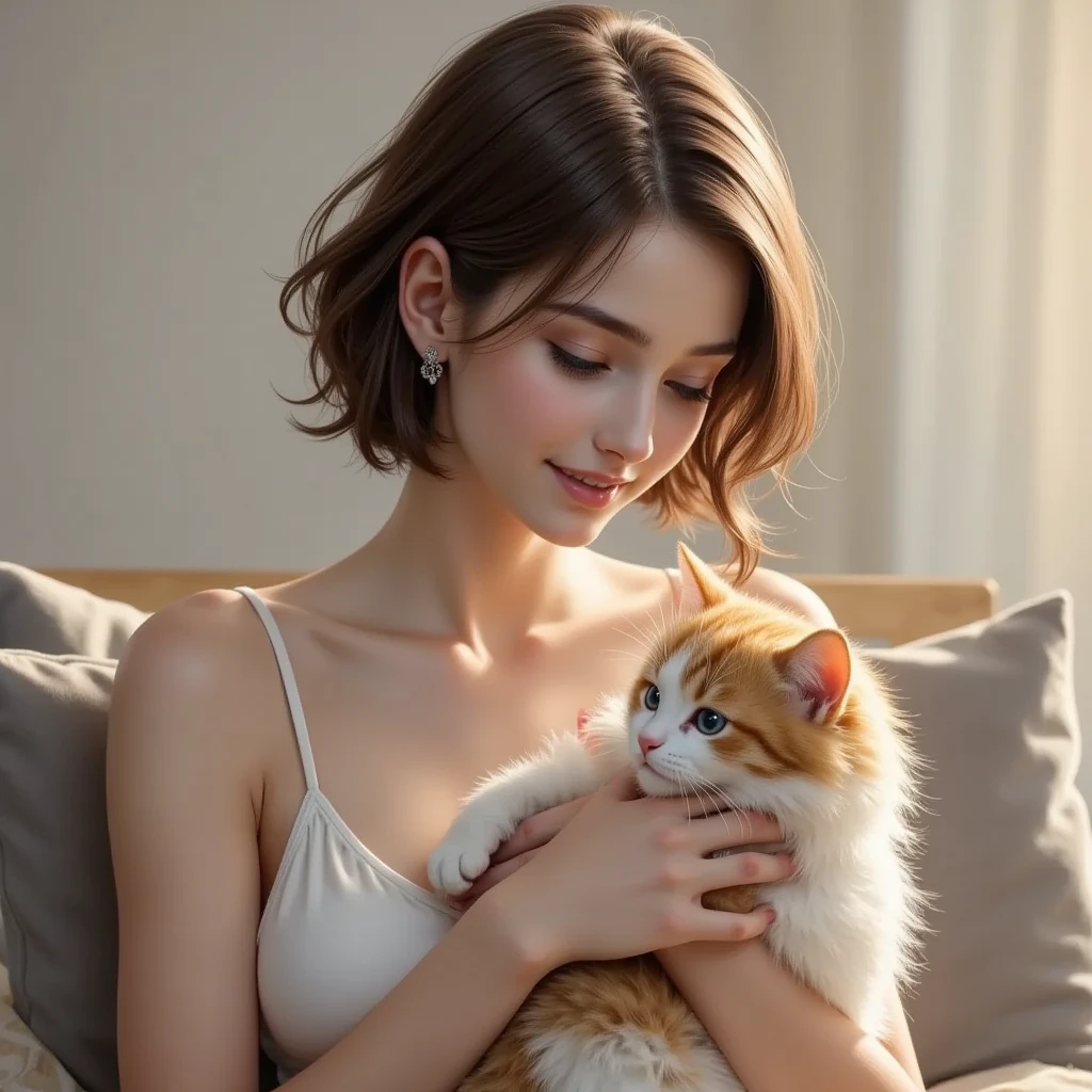 Beautiful woman holding a cat、Reward for staying home alone、Happy moments、A spoiled kitten、