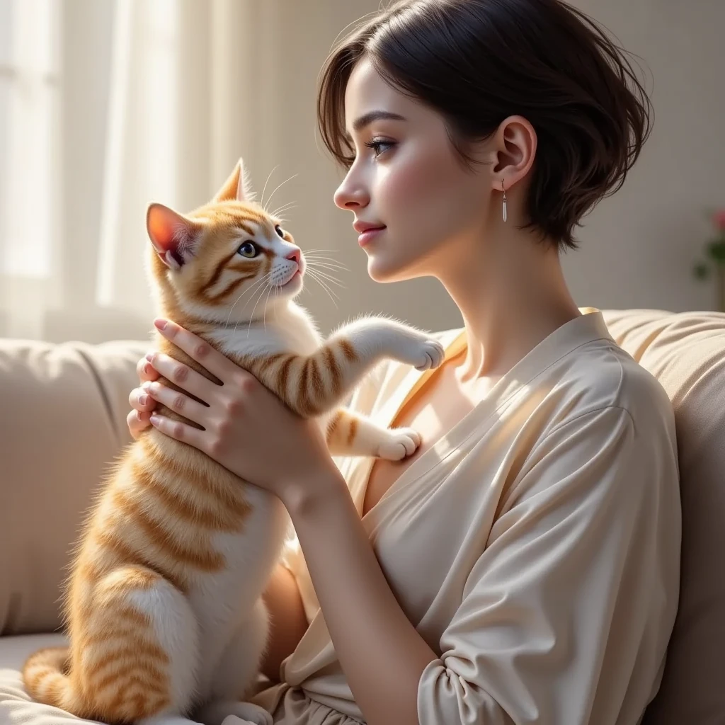 Beautiful woman holding a cat、Reward for staying home alone、Happy moments、A spoiled kitten、