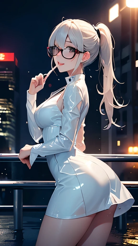 woman,,,city,night,(((white latex skirt dress))),(Wet with sweat),Laughing with your mouth open(())Glasses,((Beautiful long ponytail)),((Girl's body type)),、Surprised face,(((Tentacles wrap around the body)))((( tentacles)))(((Tentacles wrap around the body)))(((Tentacles wrap around the body)))(Looking Back)(( Octopus tentacles ))
