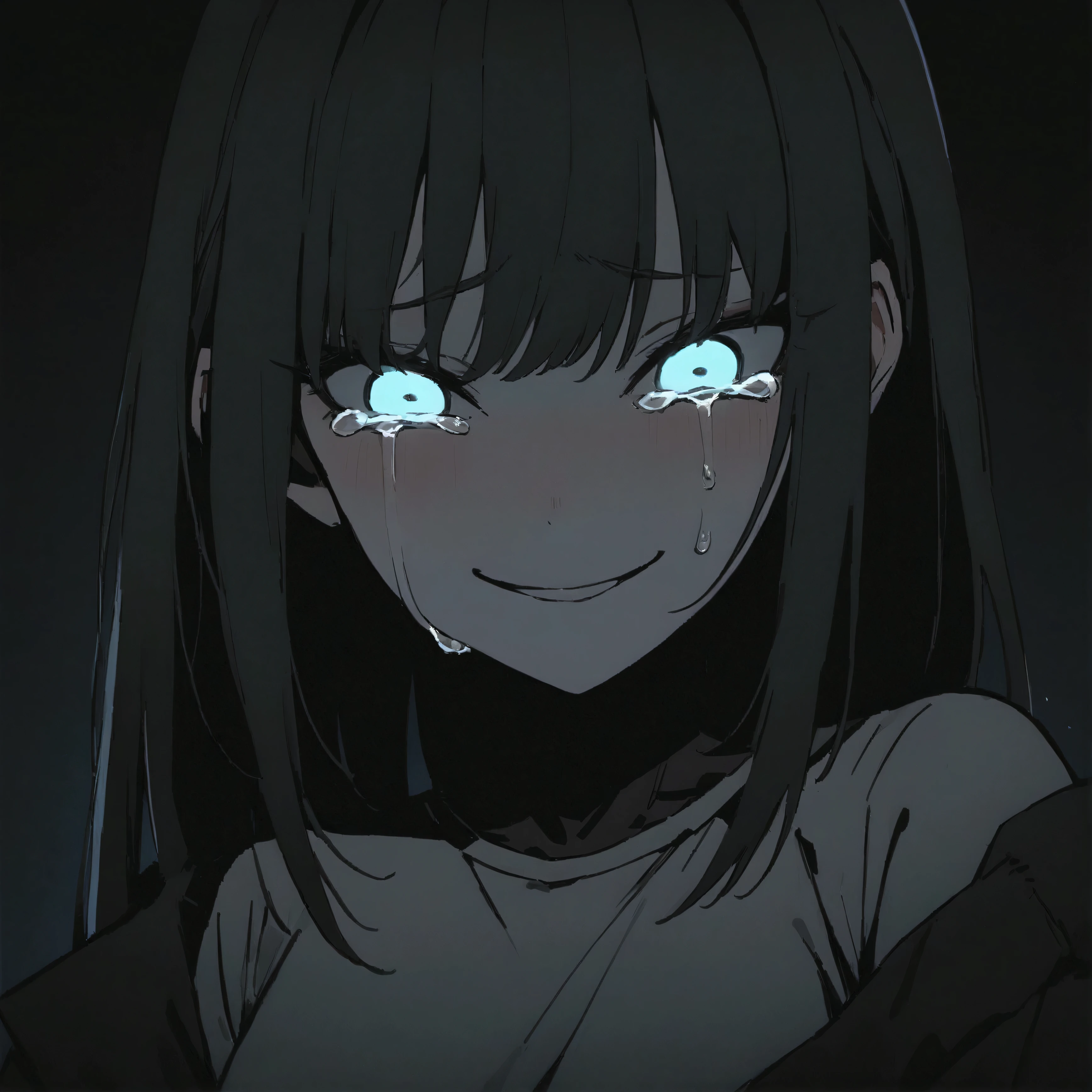 ( masterpiece:1.2,  the best quality), 1 woman,  Upper Body, Cyberpunk clothes , casual,  medium breasts, phosphorescent black hair , Minimalist makeup,pale,natural fabrics, face close-up, evil smile,  phosphorescent eyes bright circular pupils,8k high resolution, detailed lines, ((  Upper Body)) ,  crying phosphorescent tears 