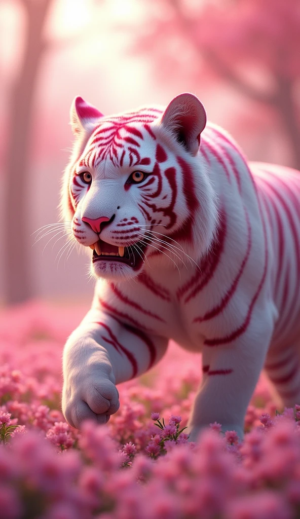 Pink striped white tiger of the four sacred animals 8k Masterpiece Original image Best quality Reality Unity 8K CG wallpaper with extreme details Depth of field Cinematic lighting Lens flare Ray tracing