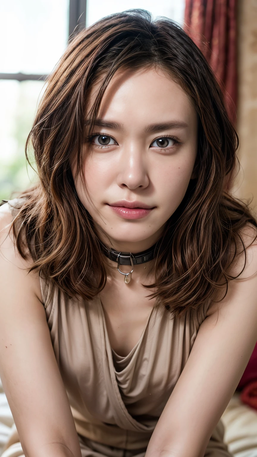 A high resolution photograph of a Japanese actress, (realistic, photo-realistic:1.4), (master piece, best quality), RAW photo, extremely detailed, intricate details, sharp focus, solo, 1girl, Yui Aragaki, (pov, face focus, collar, blouse, open legs:1.2), short hair, detailed face, detailed eyes, beautiful pupils, sophisticated nose, pale skin, fine-textured, photo background, indoors, 