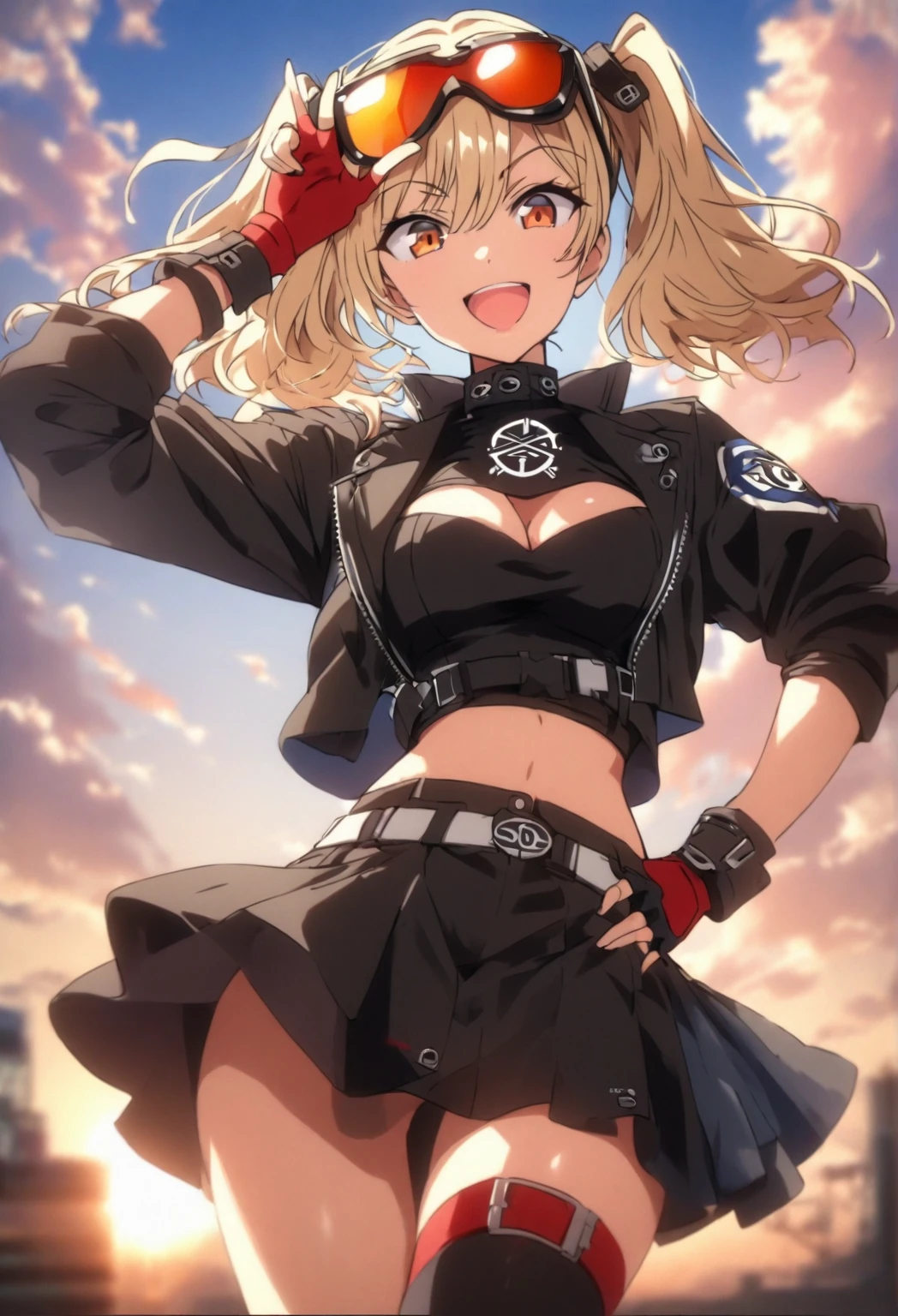 long hair, side ponytail, blonde hair, red eyes, jewelry, helmet, tank top, jacket, Mask Around Neck, belt, shorts, boots, waist cape, from_behind,((behind_focus)),

, score_8_up, score_7_up, source_anime, expressiveh, 1girl, hair between eyes, half-closed eyes,(put_hand_forward), ((seductive face)),breast focus, looking at viewer, holding, brothel, from top, good anatomy, correct anatomy, garter belt, thigh high socks,(bare shoulder),bedroom