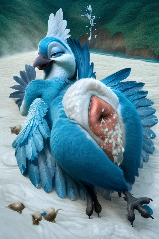 ((NSFW, sexual)), rio movie, jungle landscape, Mimi a female Spix macaw, Blue feathers, avian, ((anthro)), human body, furry, feathered arms, chubby body, ((exposing very big breasts, big ass, pussy)), after sex, cum in pussy, cum on breasts, Tail feathers, backshot, turquoise eyes, bedroom eyes, lustful gaze, smiling, realistic, digitigrade legs, detailed eyes