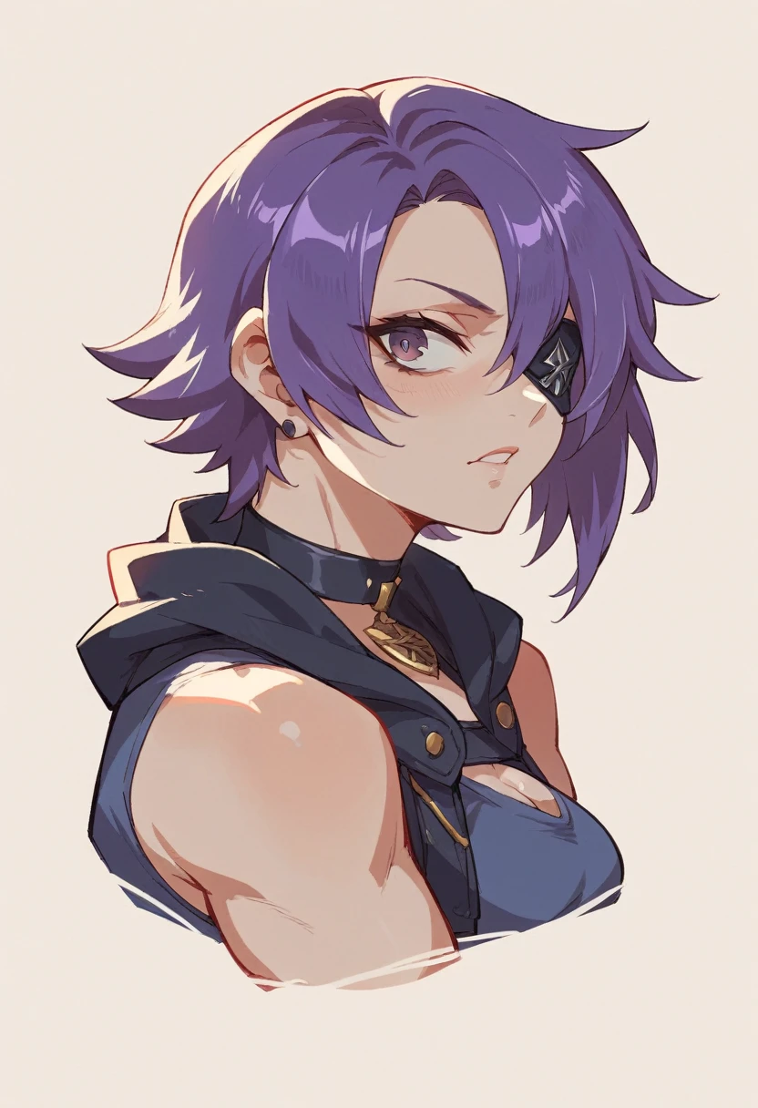 girl similar to Koleda from Zenless Zone Zero with short purple hair
