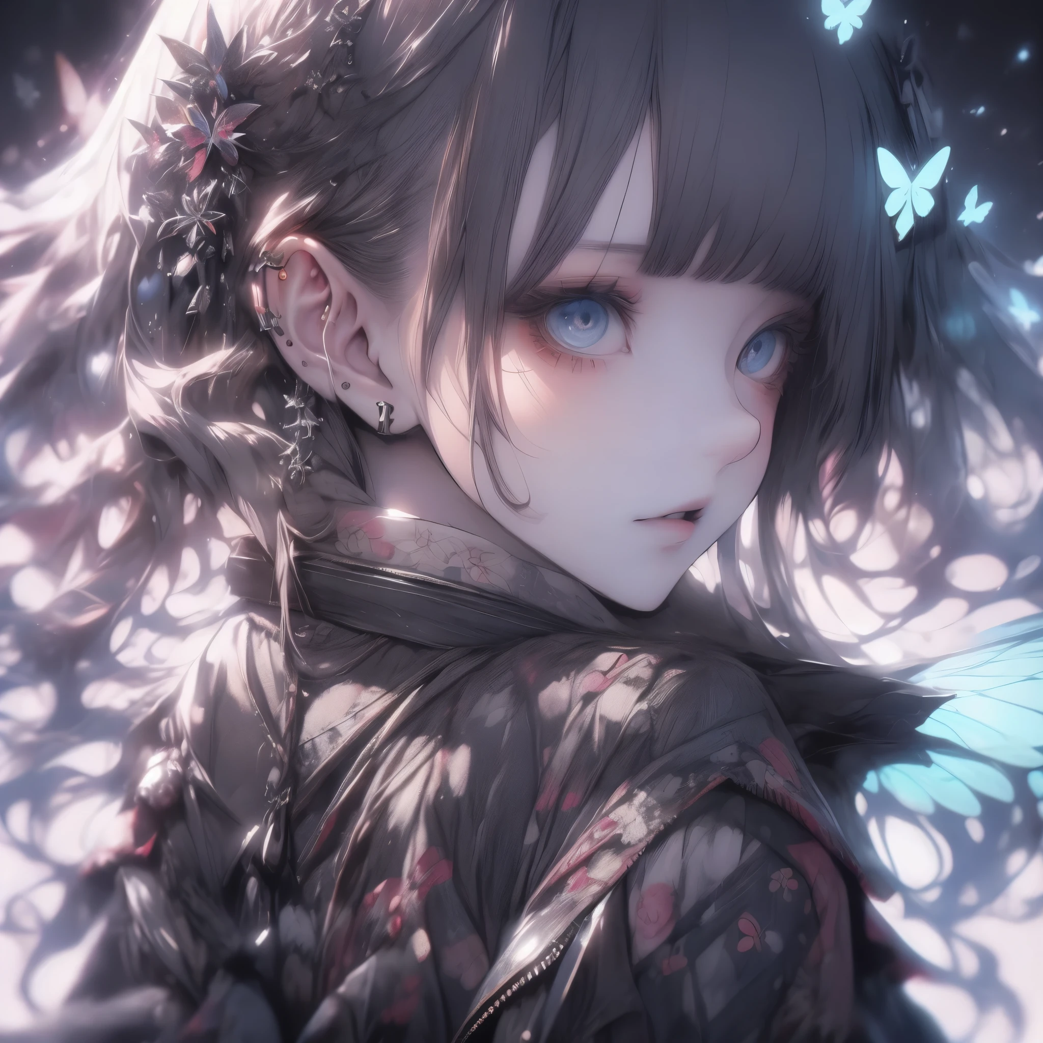 (masterpiece),(4K Anime),high quality,1 girl, Light Blue Long Hair,blue eyes,White clothes with blue decoration,Lots of glowing white butterflies , Night Sky,High Fantasy, anime art 4k , Beautiful Anime Artwork, beautiful anime art, beautiful fantasy anime , Beautiful Digital Artwork,( high contrast ), Unfairly Beautiful,Cinema Lighting,Glancing sideways,from side