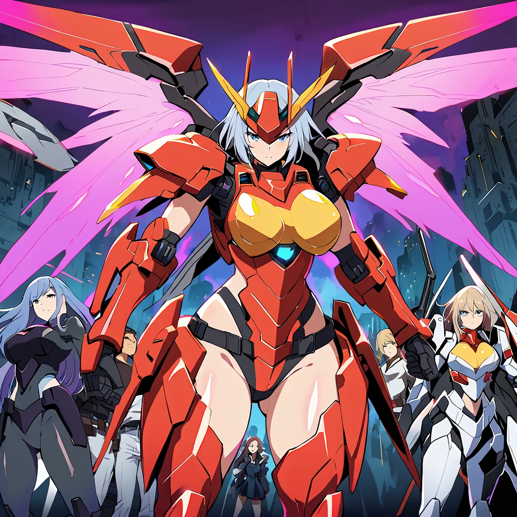 Anime, high detailed, multiple womans, mature womans, shiny-like mecha armor, large mechanical wings, large Gauntlet, serious, curvy body, long mechanical wings, mecha weapons、Colored armors、magenta Colored aura、BLUE Eyes, elongated pupils,  Mature Woman、magenta aura、womans surrounding, background a crumbled city