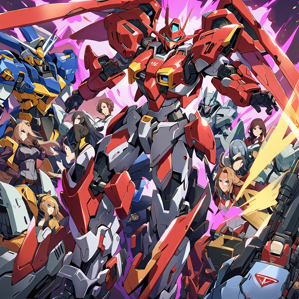 Anime, high detailed, multiple womans, mature womans, shiny-like mecha armor, large mechanical wings, large Gauntlet, serious, curvy body, long mechanical wings, mecha weapons、Colored armors、magenta Colored aura、BLUE Eyes, elongated pupils,  Mature Woman、magenta aura、womans surrounding, background a crumbled city