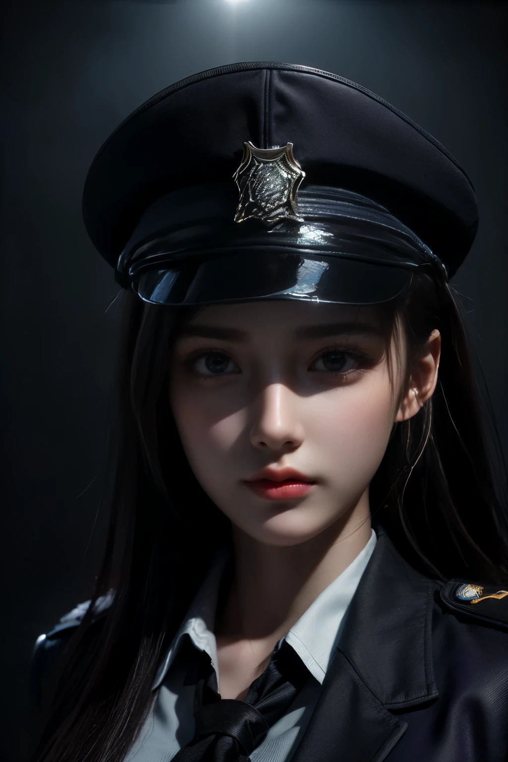 high high quality,A high resolution,masterpiece,8k,(Hyperrealistic photos),(Portrait),digital photography,(Reality:1.4),20-year-old girl,exquisite facial features,a purple eye,Red Eyeshadow,((Policewoman)),Random hairstylelack color hair),Big breasts,(Police uniform,Combat uniforms),Keep your mouth shut,Frowning,ssmile,Cold and serious,extremely detailed expression,realistic detail,Light magic,Photo pose,oc render reflection texture